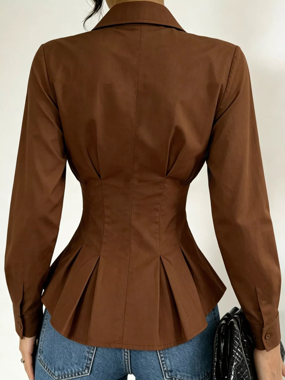 Button-Down Peplum Blouse with Fitted Waist, back view