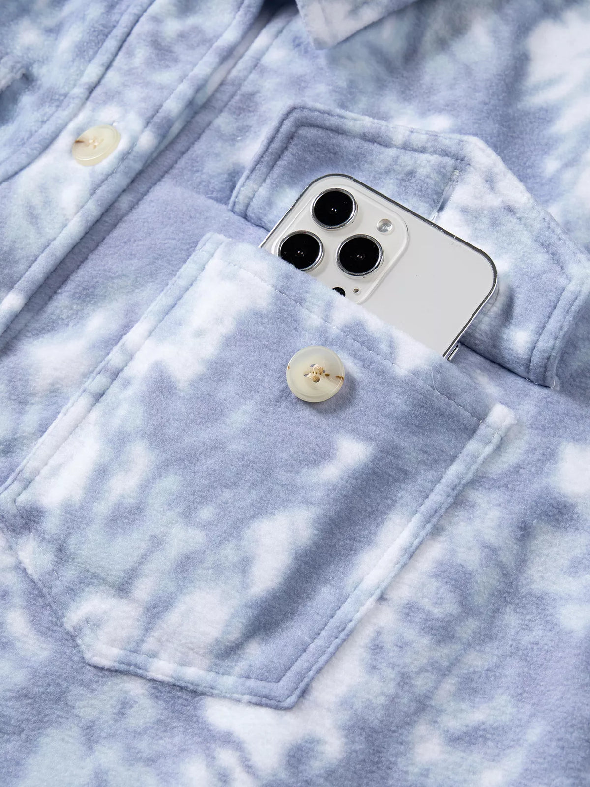 Chest pocket on light blue abstract print fuzzy collar tunic jacket