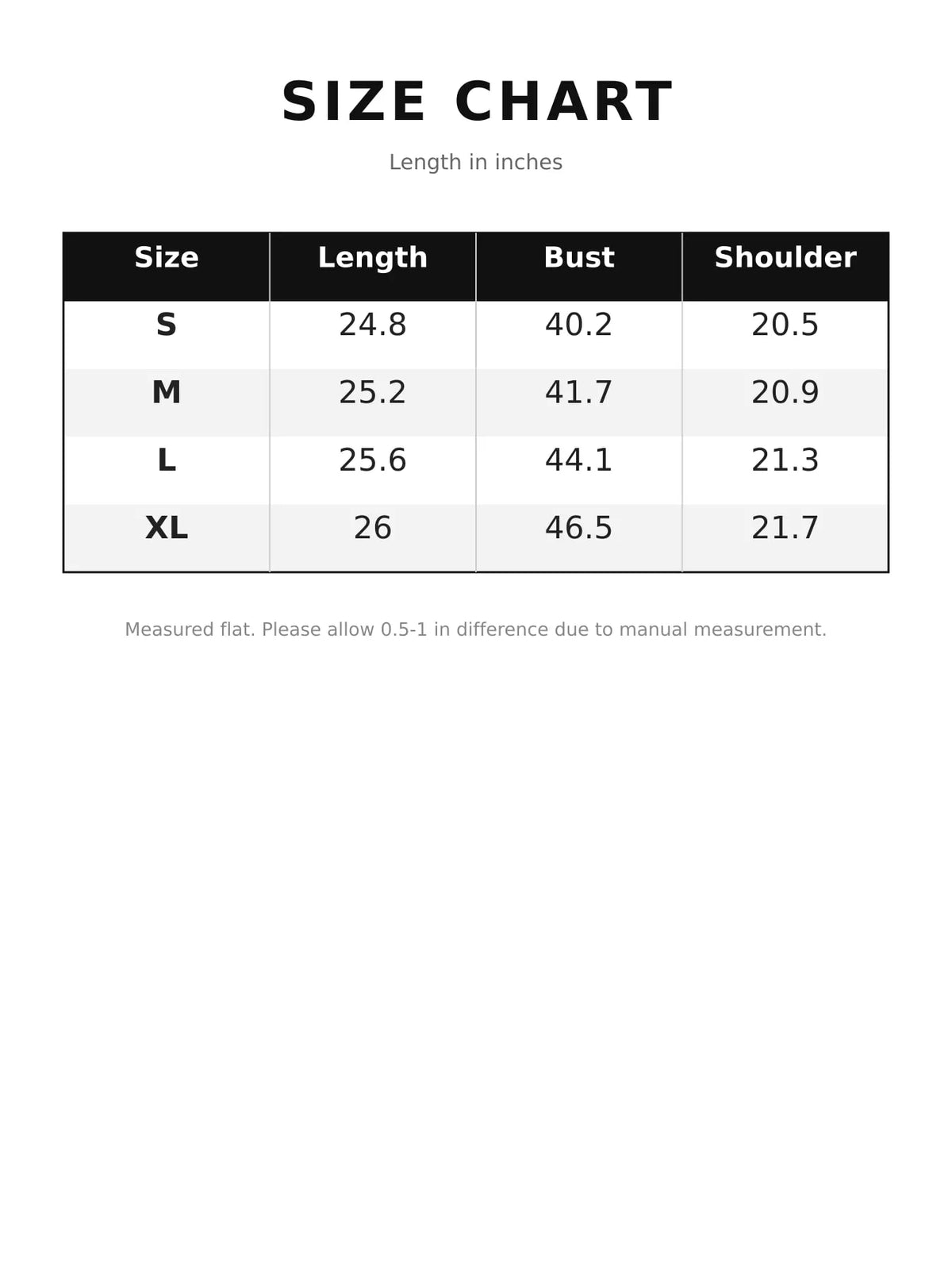 Size chart for plush-lined button-front jacket