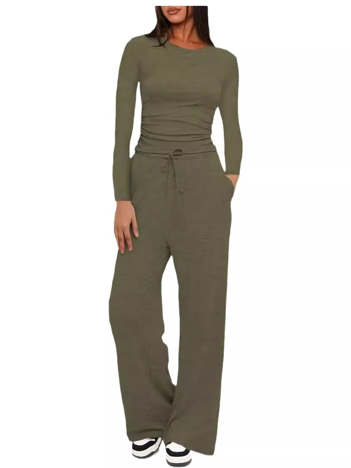 Long Sleeve Top and Wide-Leg Drawstring Pants Set — front view