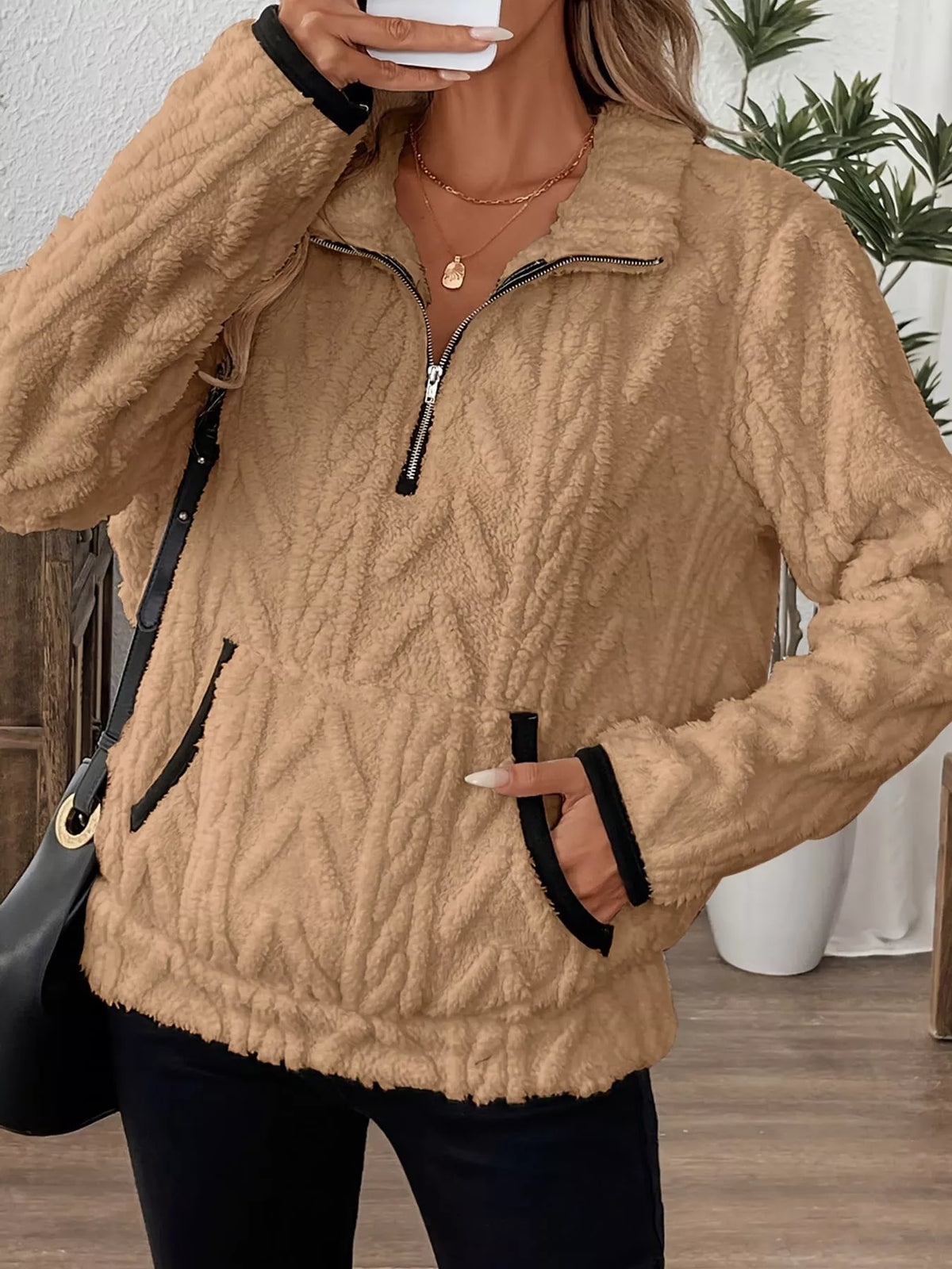 Women's Quarter-Zip Sherpa Sweatshirt in camel — front view
