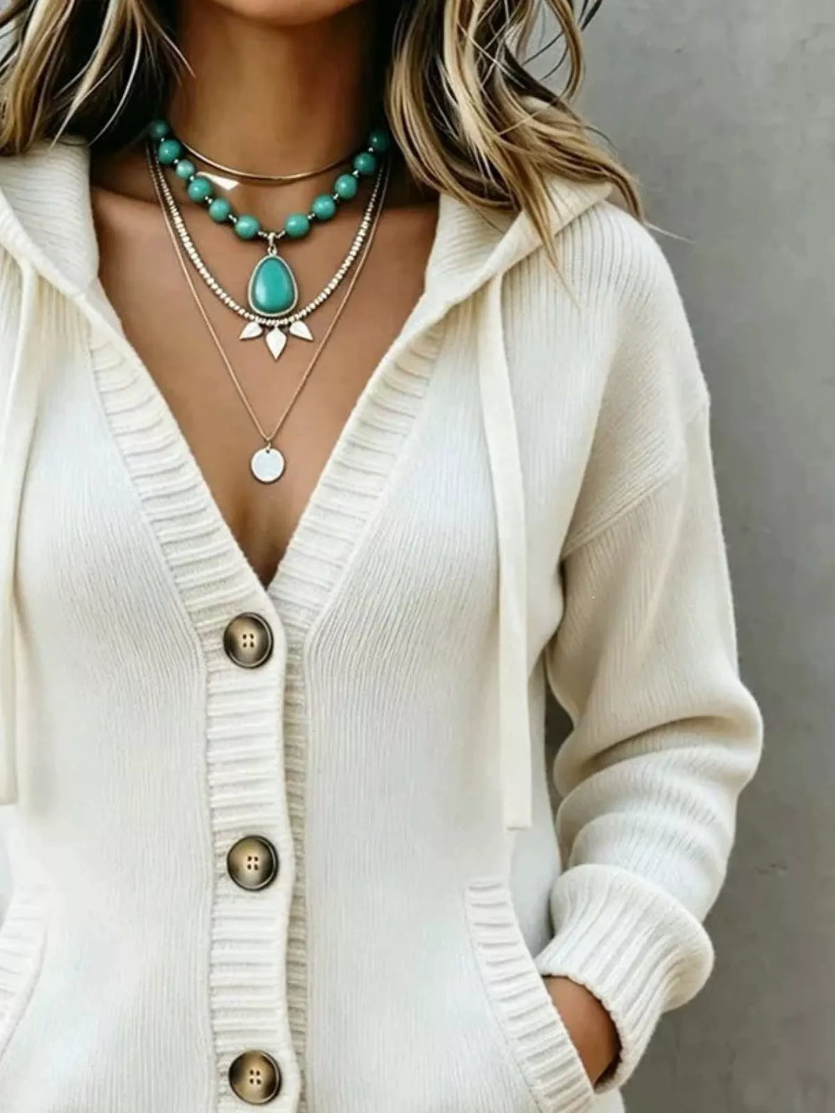 Women's Hooded Button-Down Knit Cardigan in cream — button detail view
