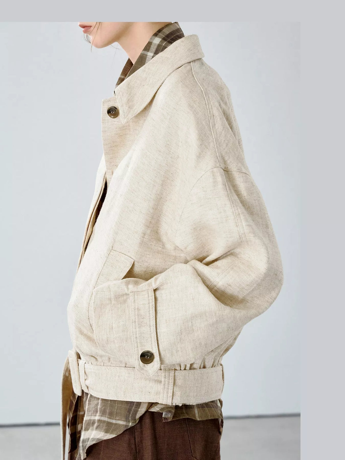 Cream belted dropped shoulder jacket — side view