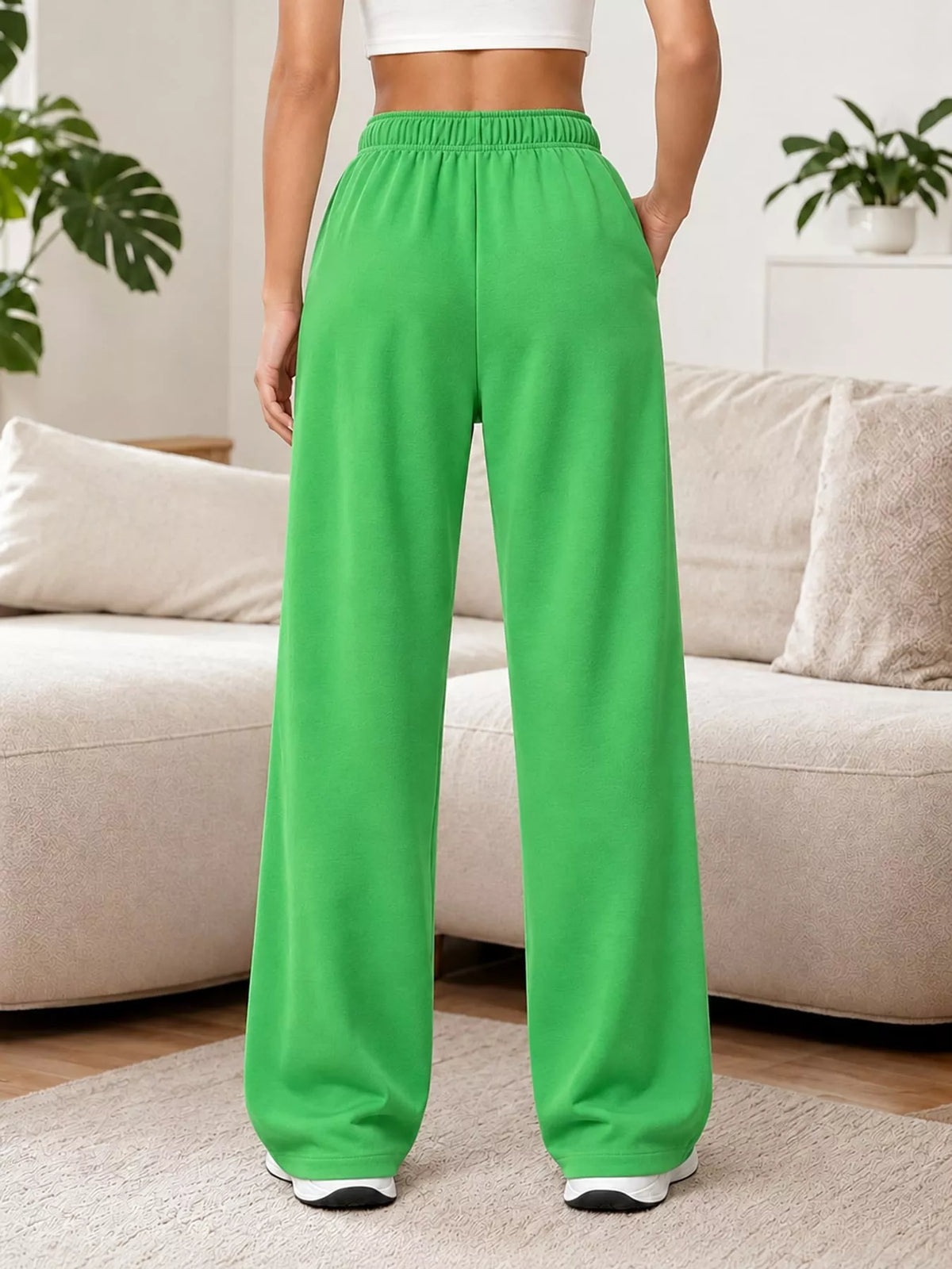 Green wide-leg pants with drawstring, back view