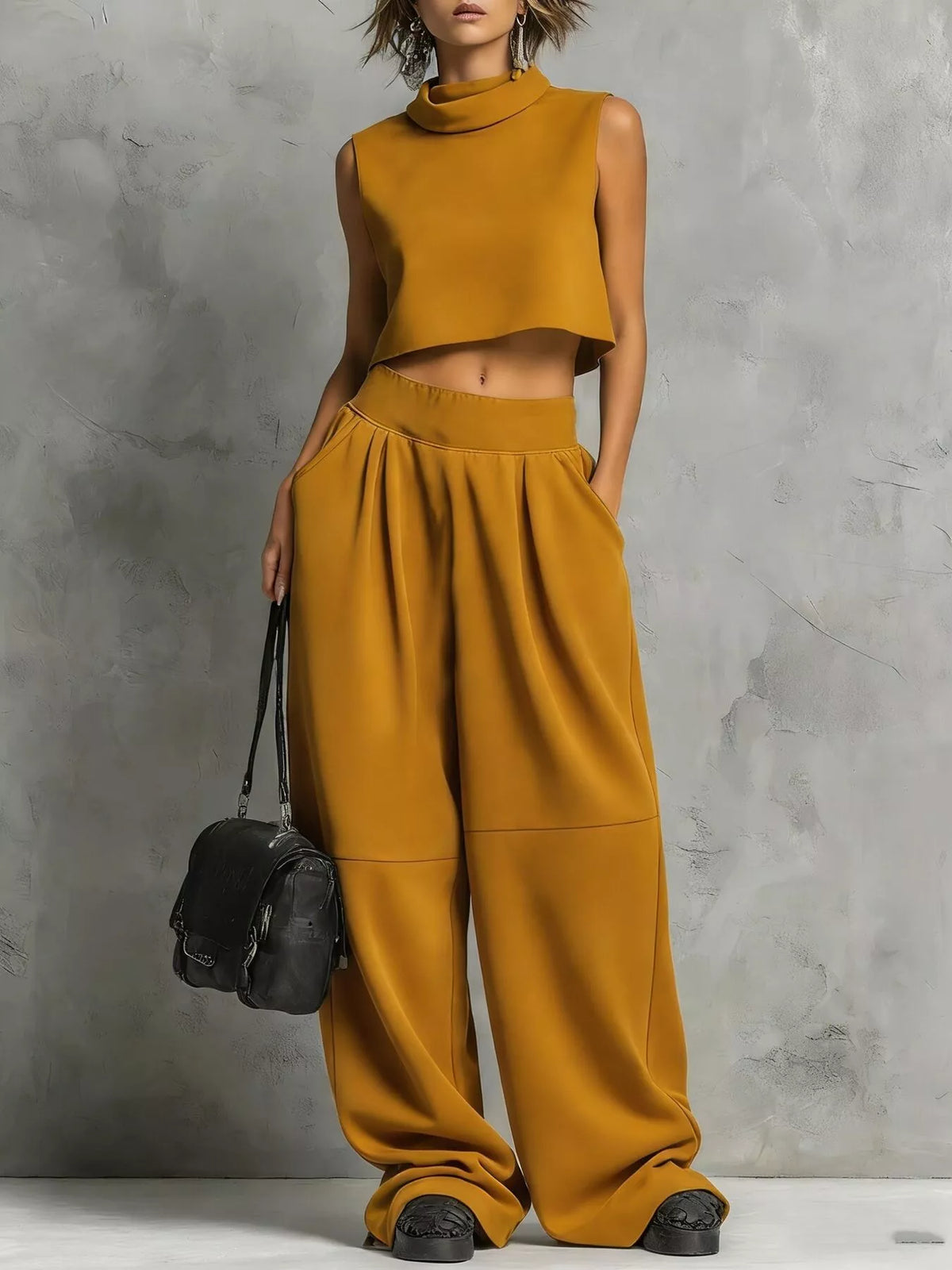 Earthy Yellow Mock Neck Crop Top & Wide-Leg Sweatpants Set front view