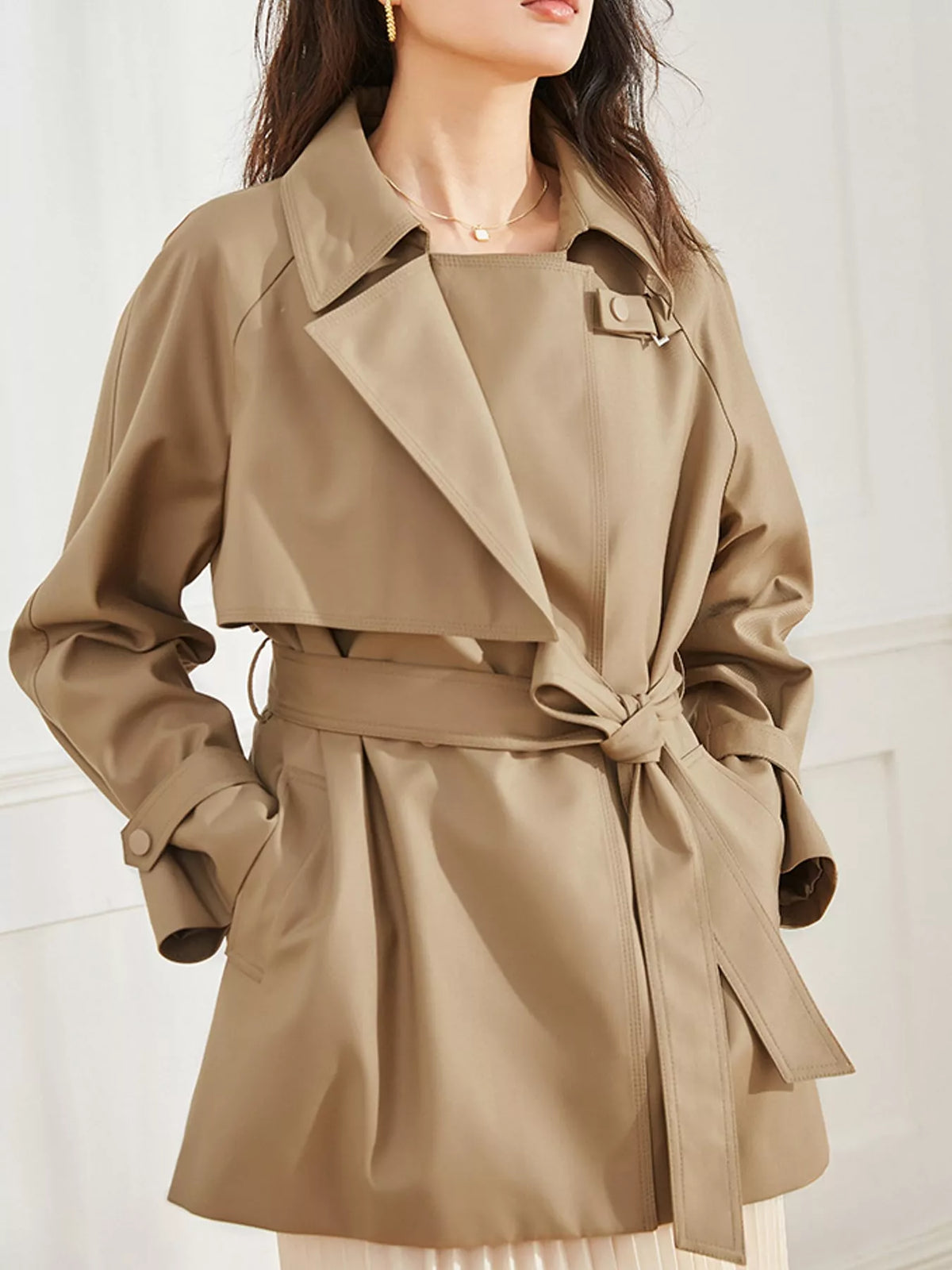 Double-Breasted Tie Waist Trench Coat in beige
