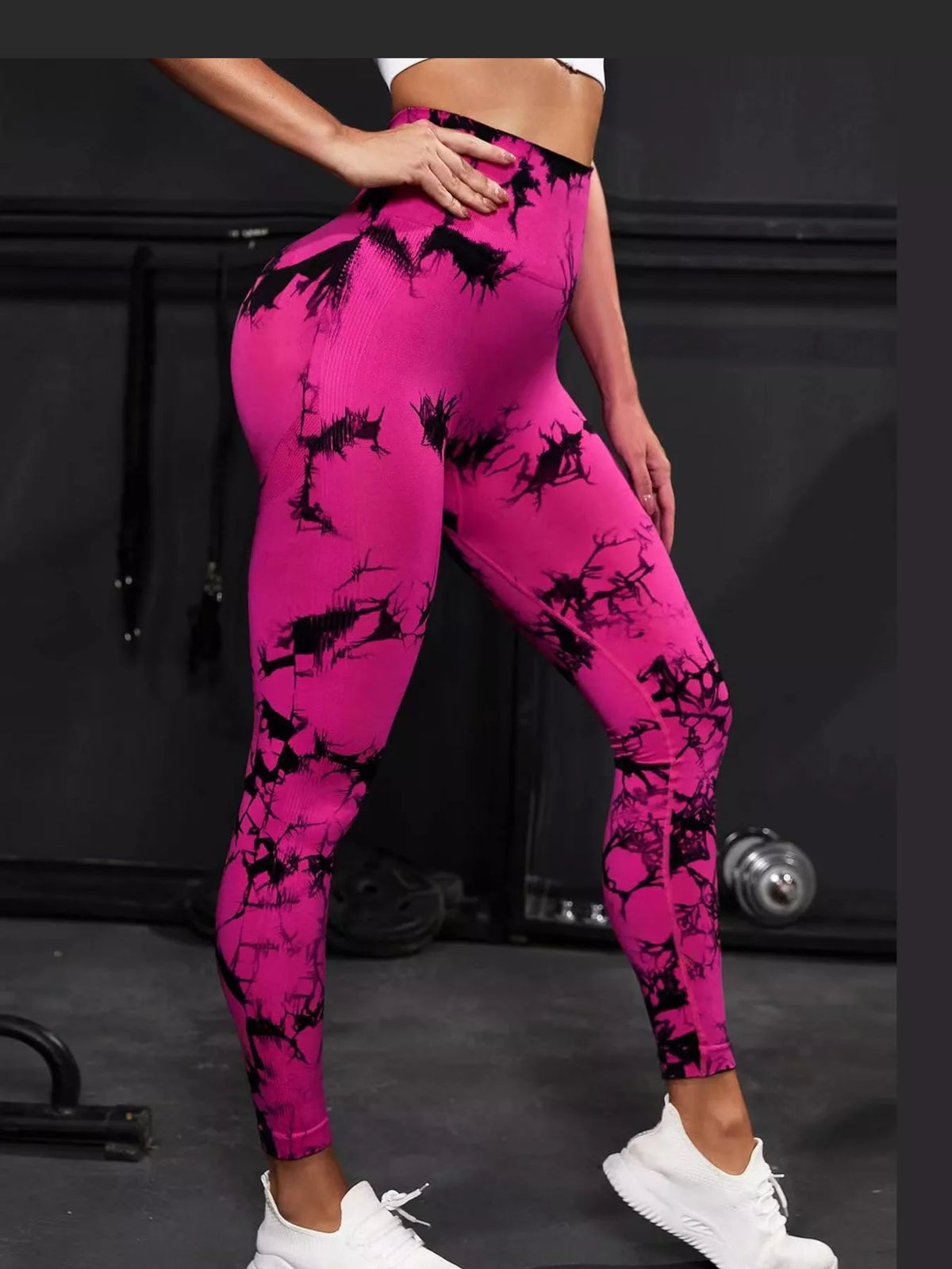 Hot Pink high-waisted tie dye seamless active leggings, back view