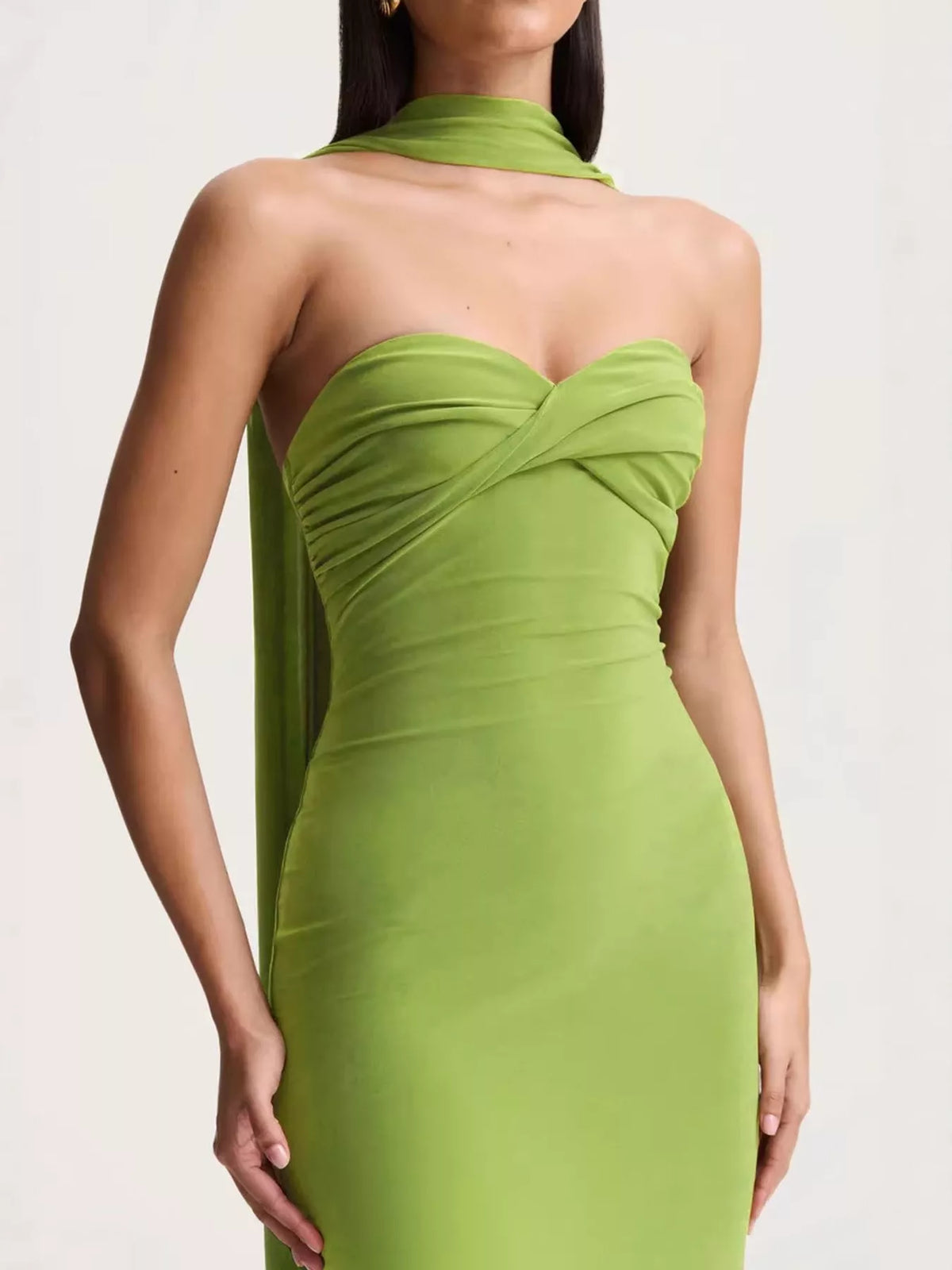 Green strapless ruched bodycon maxi dress with scarf, detail view