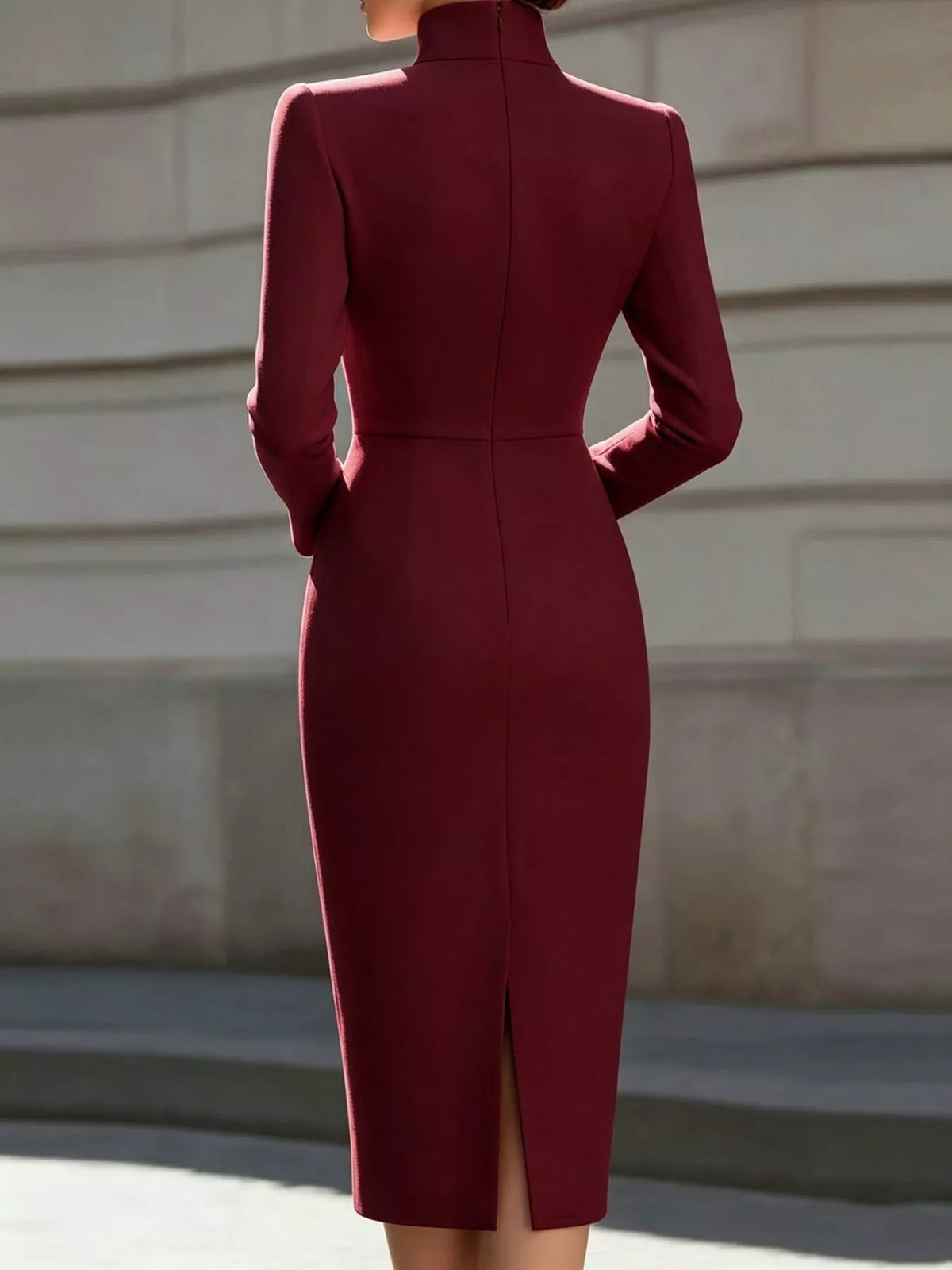 Women's Stand-Collar Long-Sleeve Midi Dress in burgundy — back view