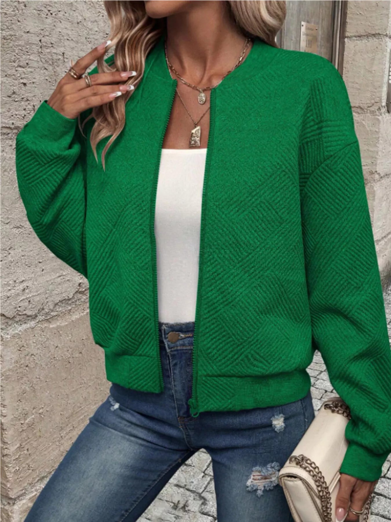 Trendsi Textured Knit Zip-Up Bomber Jacket -