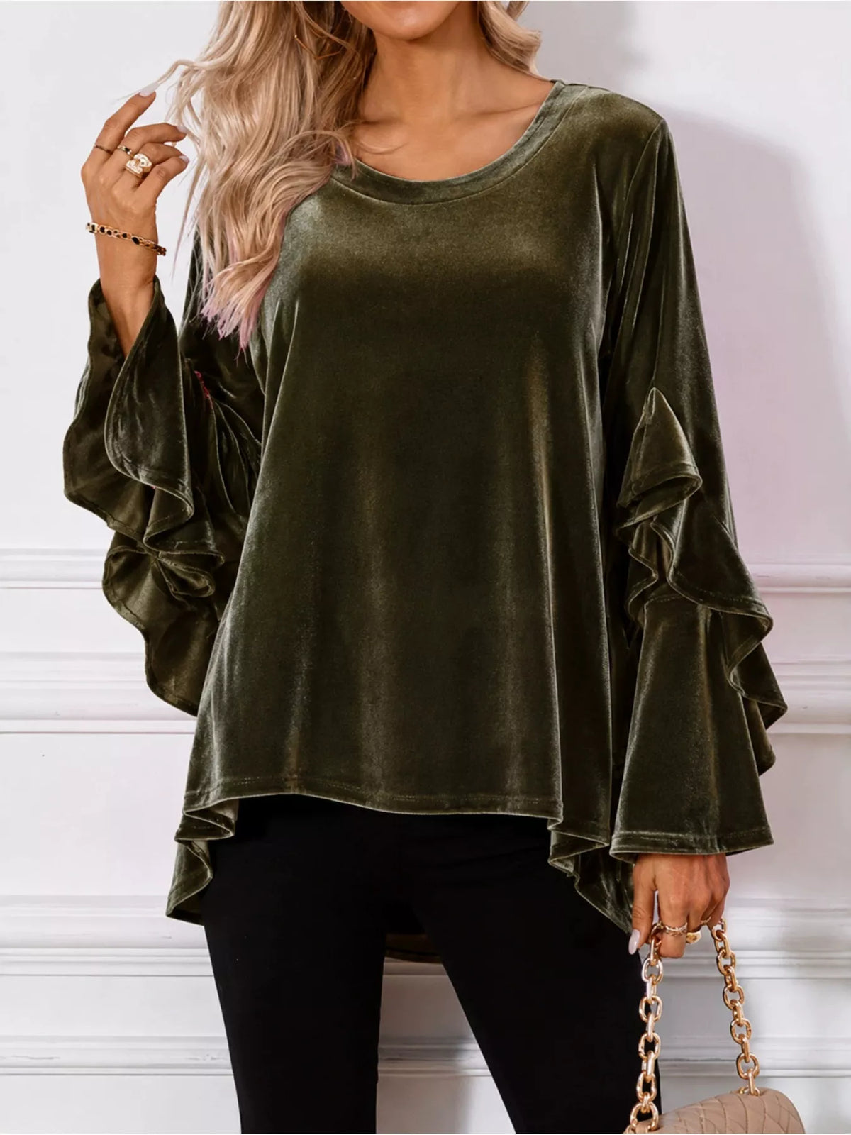Women's Velvet Round Neck Ruffle Sleeve Top in Black, front view