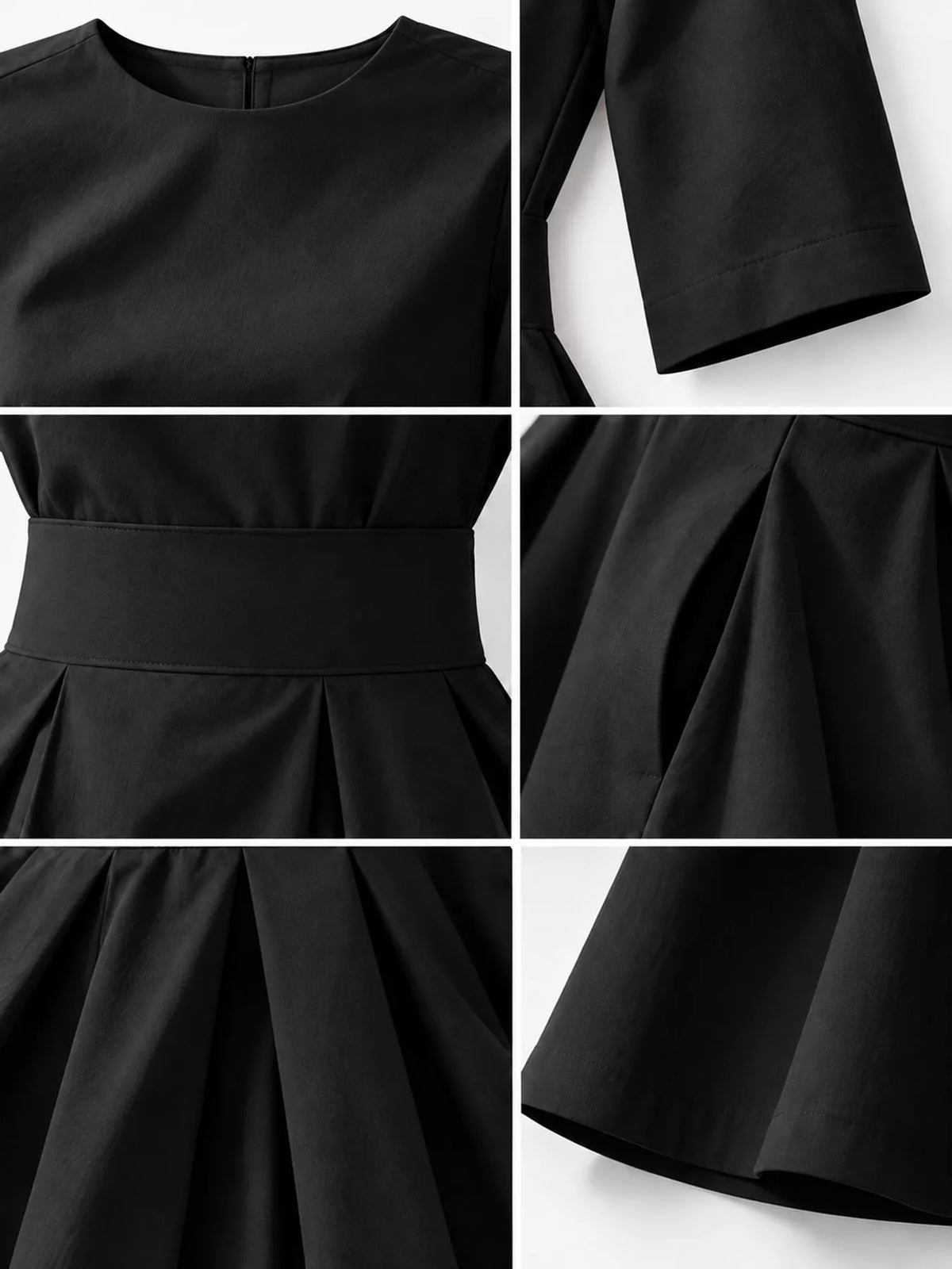 Round neck short sleeve midi dress, construction and design details
