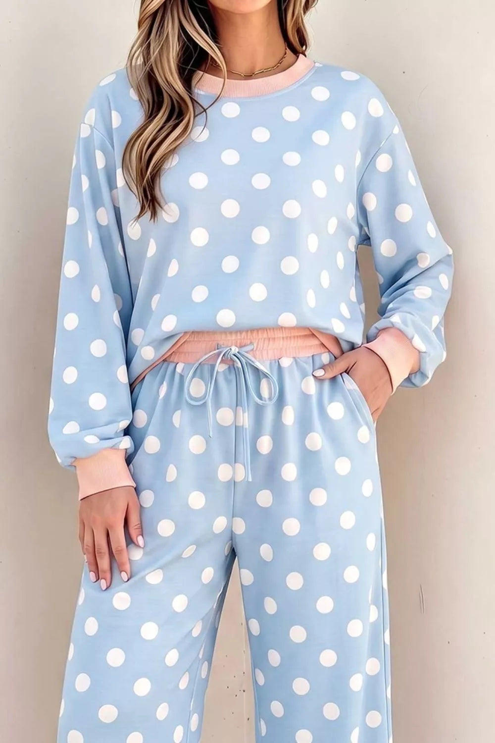 Trendsi Polka Dot Contrast Trim Long Sleeve Top Drawstring Shift Pants Set -