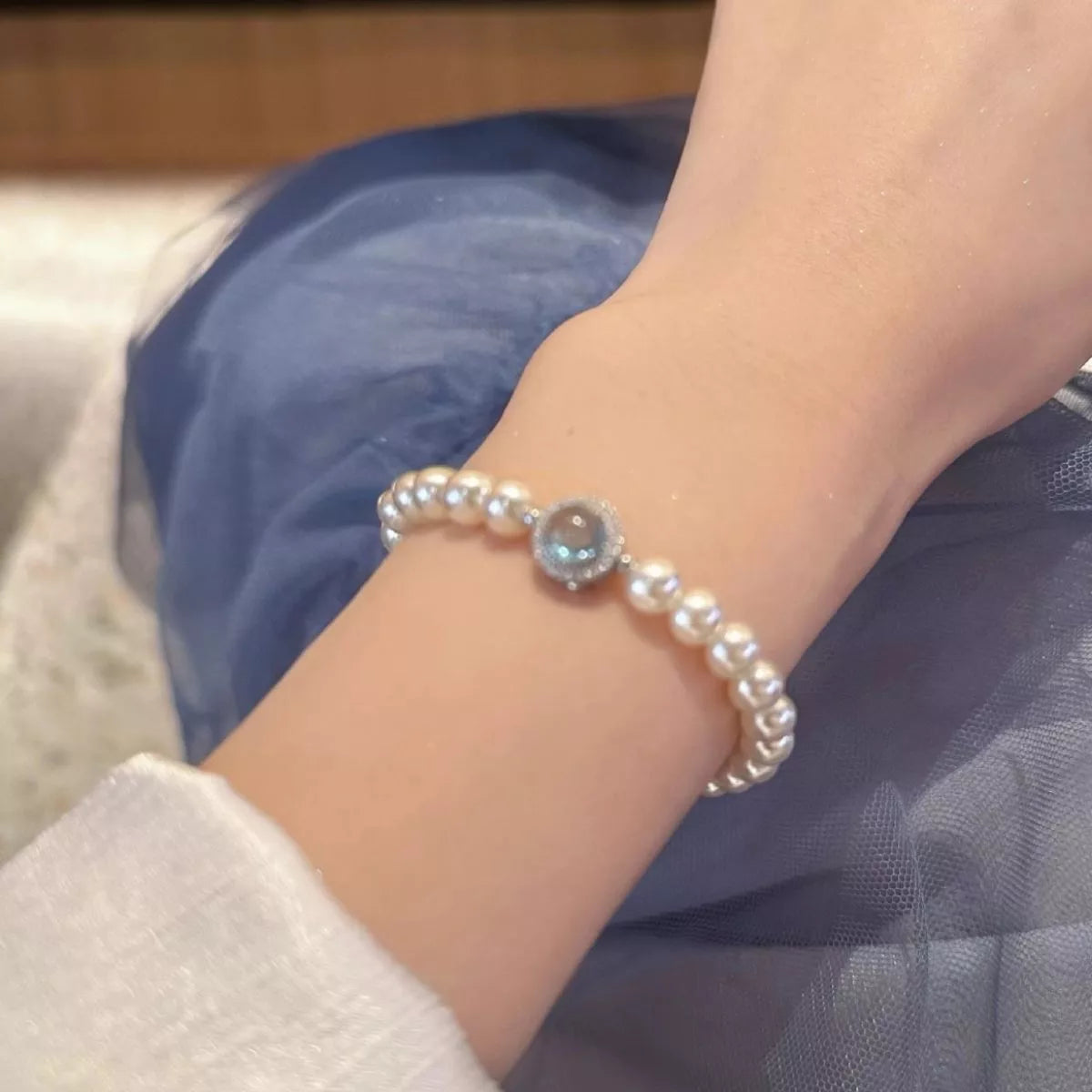 Trendsi 925 Sterling Silver Zircon Bead Pearl Bracelet -