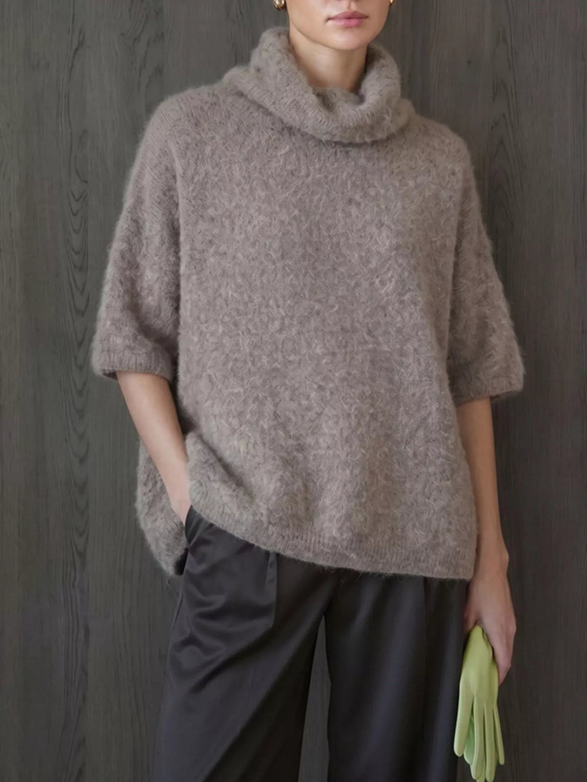 Fuzzy short-sleeve turtleneck sweater in mocha, angled front view