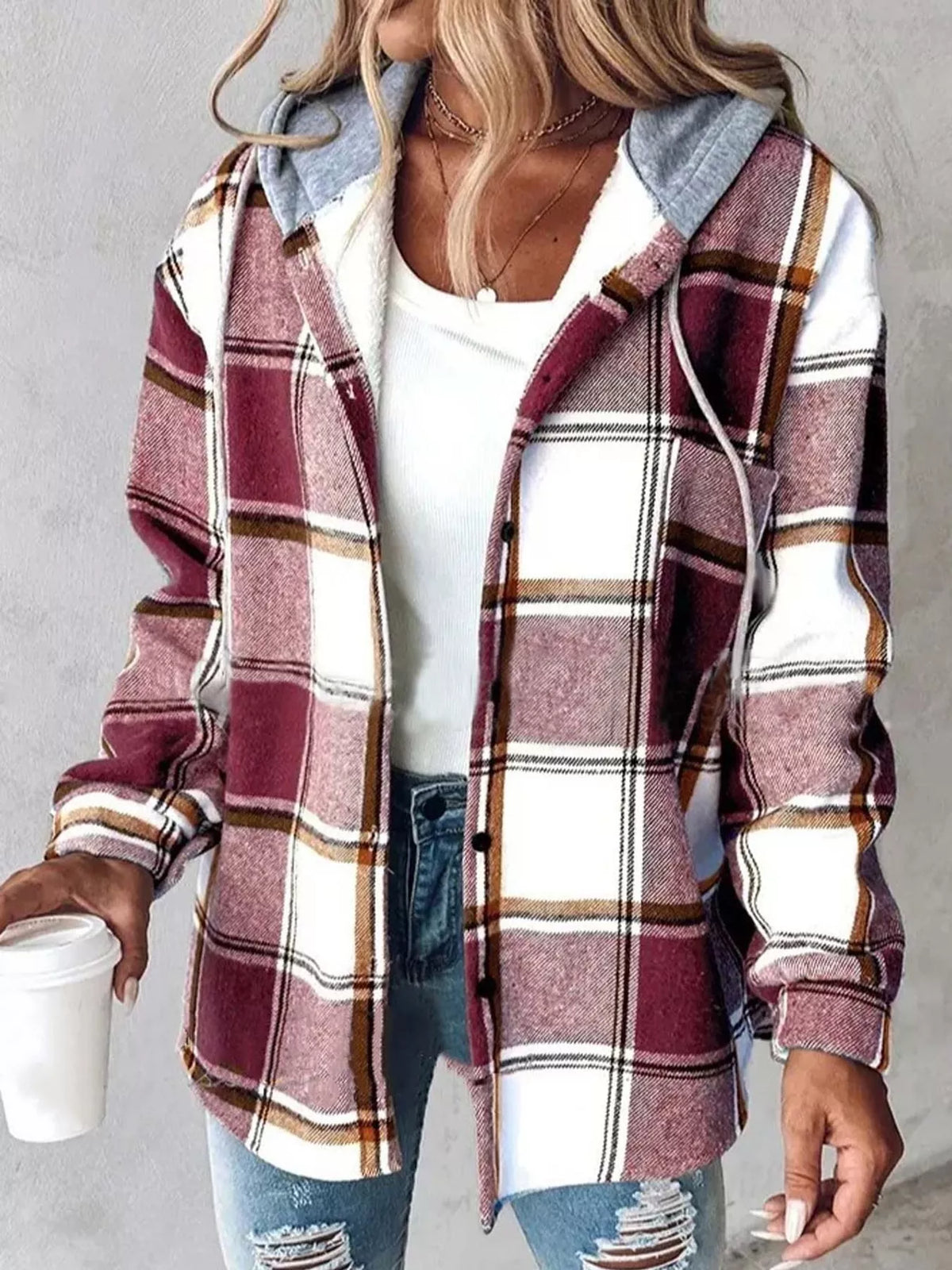 Button-Down Printed Contrast Hooded Shacket — front view