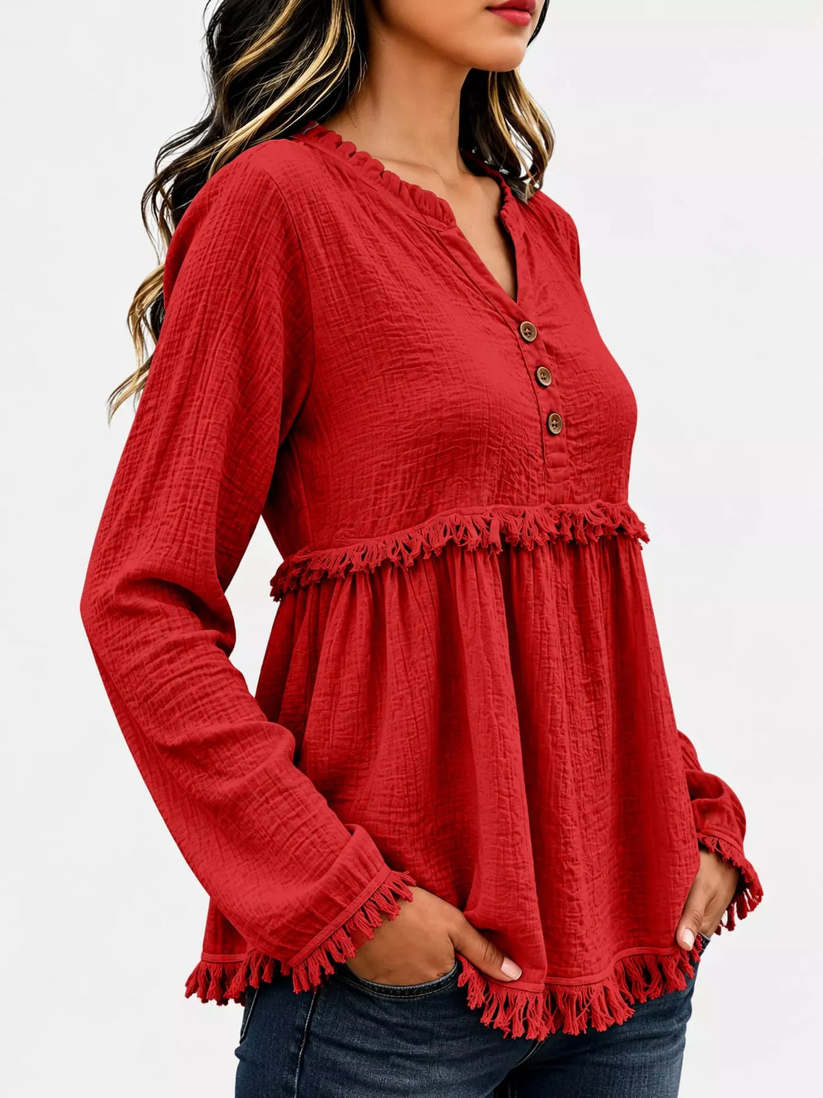 Frayed-hem blouse, red side