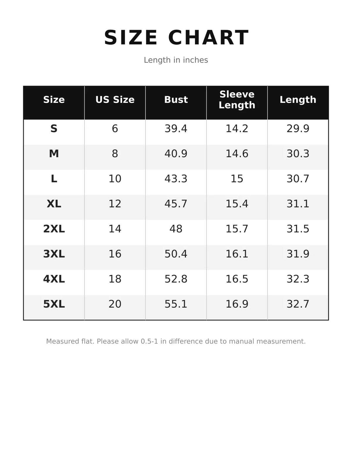 Size chart for long sleeve shirt