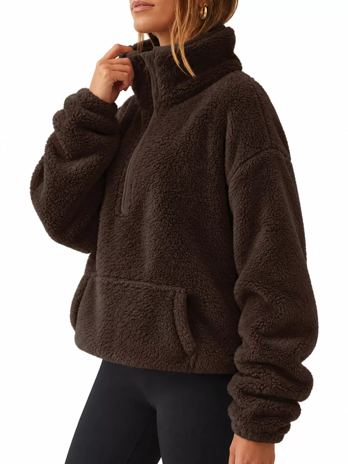 Sherpa quarter-zip sweatshirt, dark brown angled front