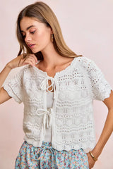 Trendsi BiBi Front Bow Tie Detail Pointelle Knit Top -