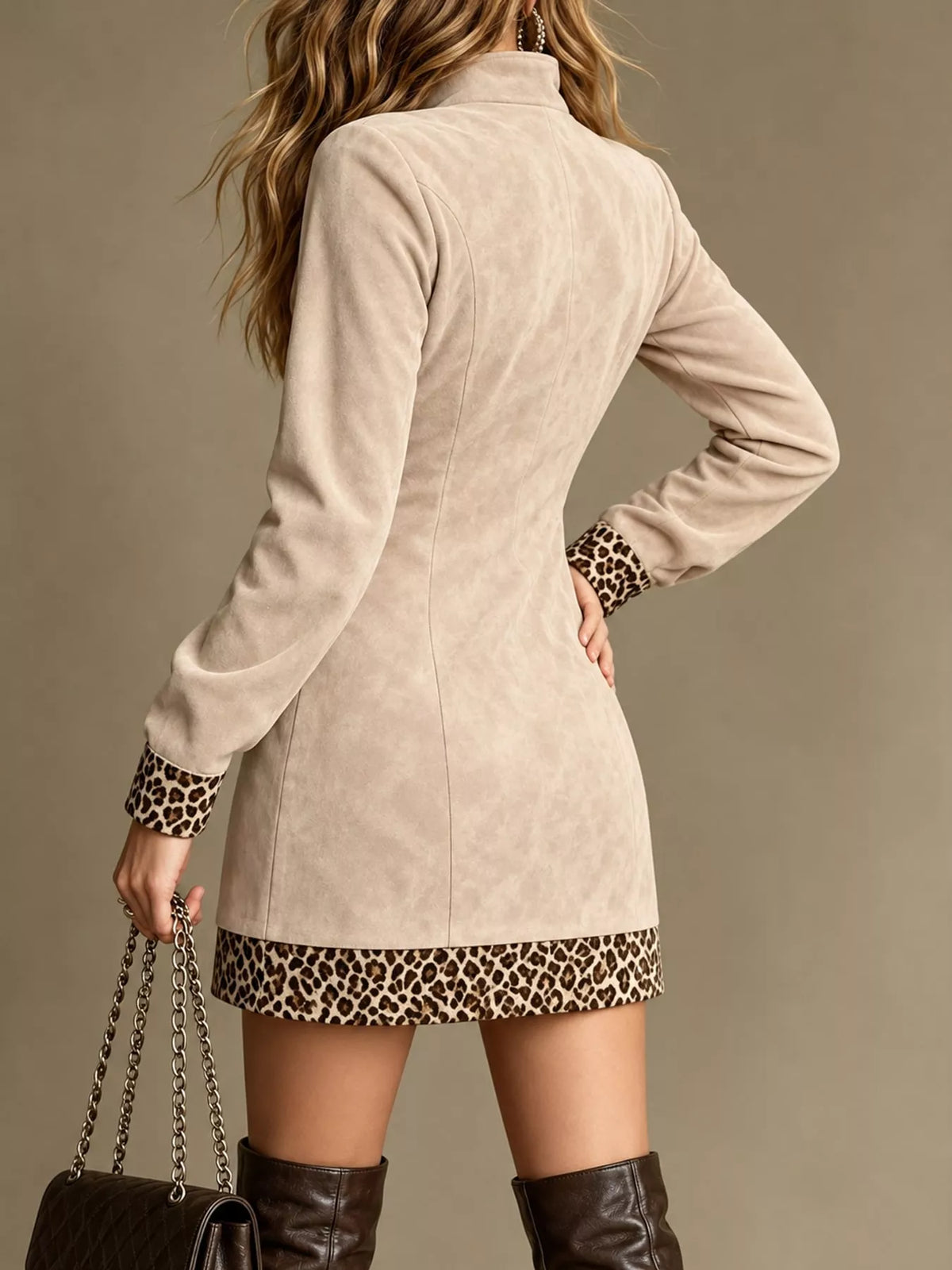 Leopard Trim Half-Zip Mini Dress — back view