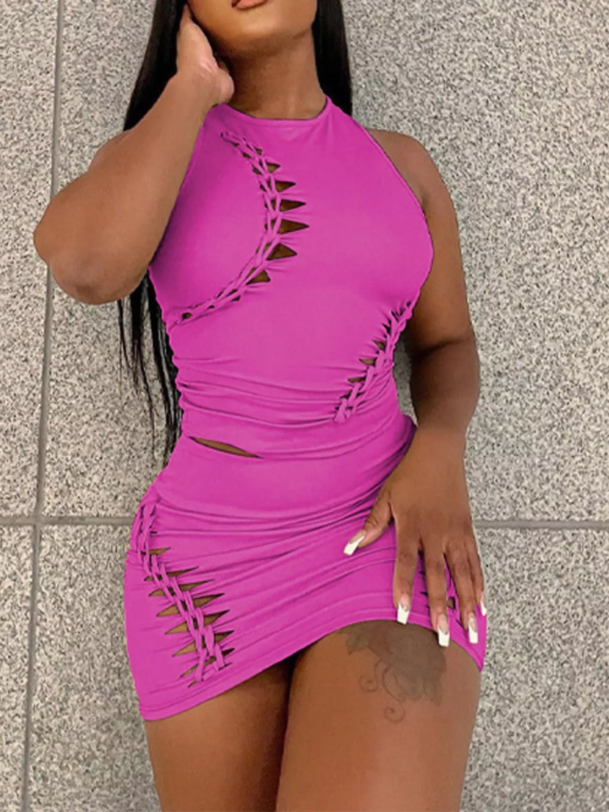 Sleeveless Cut-Out Bodycon Top and Mini Skirt Set — front view