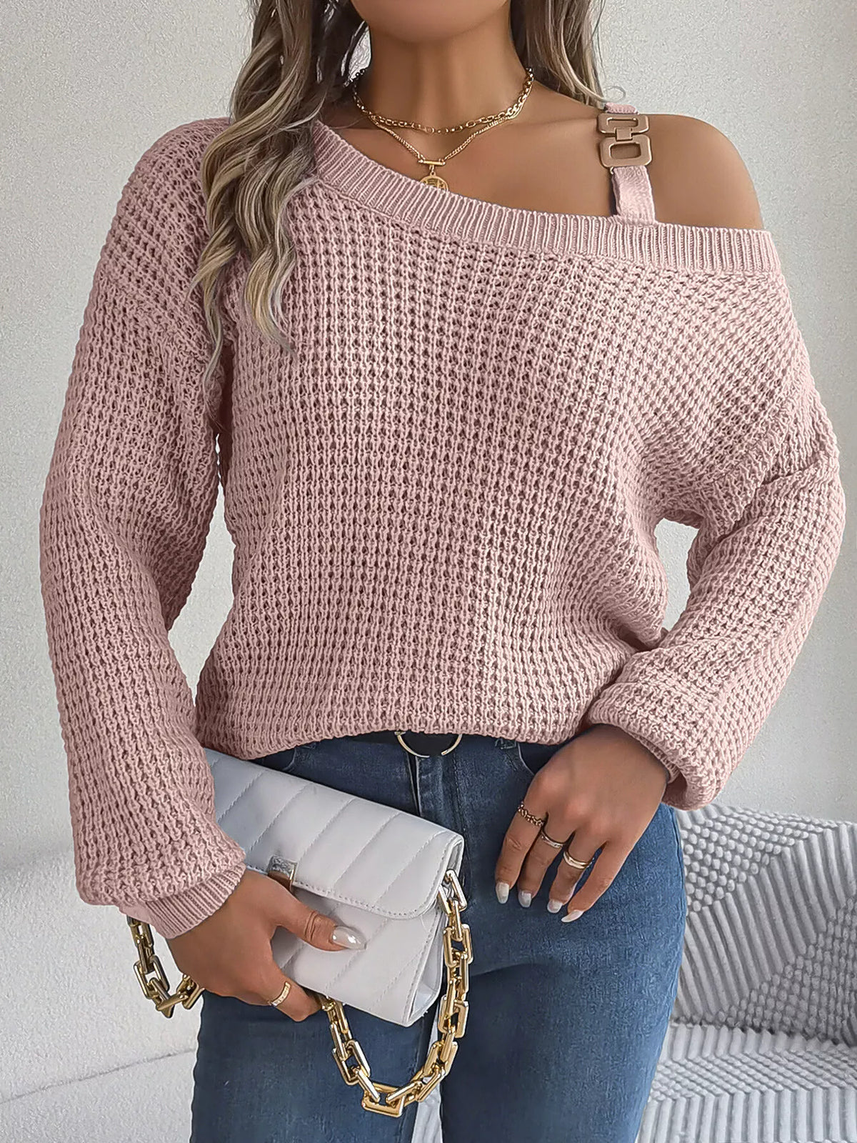 Asymmetrical Neck Long Sleeve Sweater in pink, front view