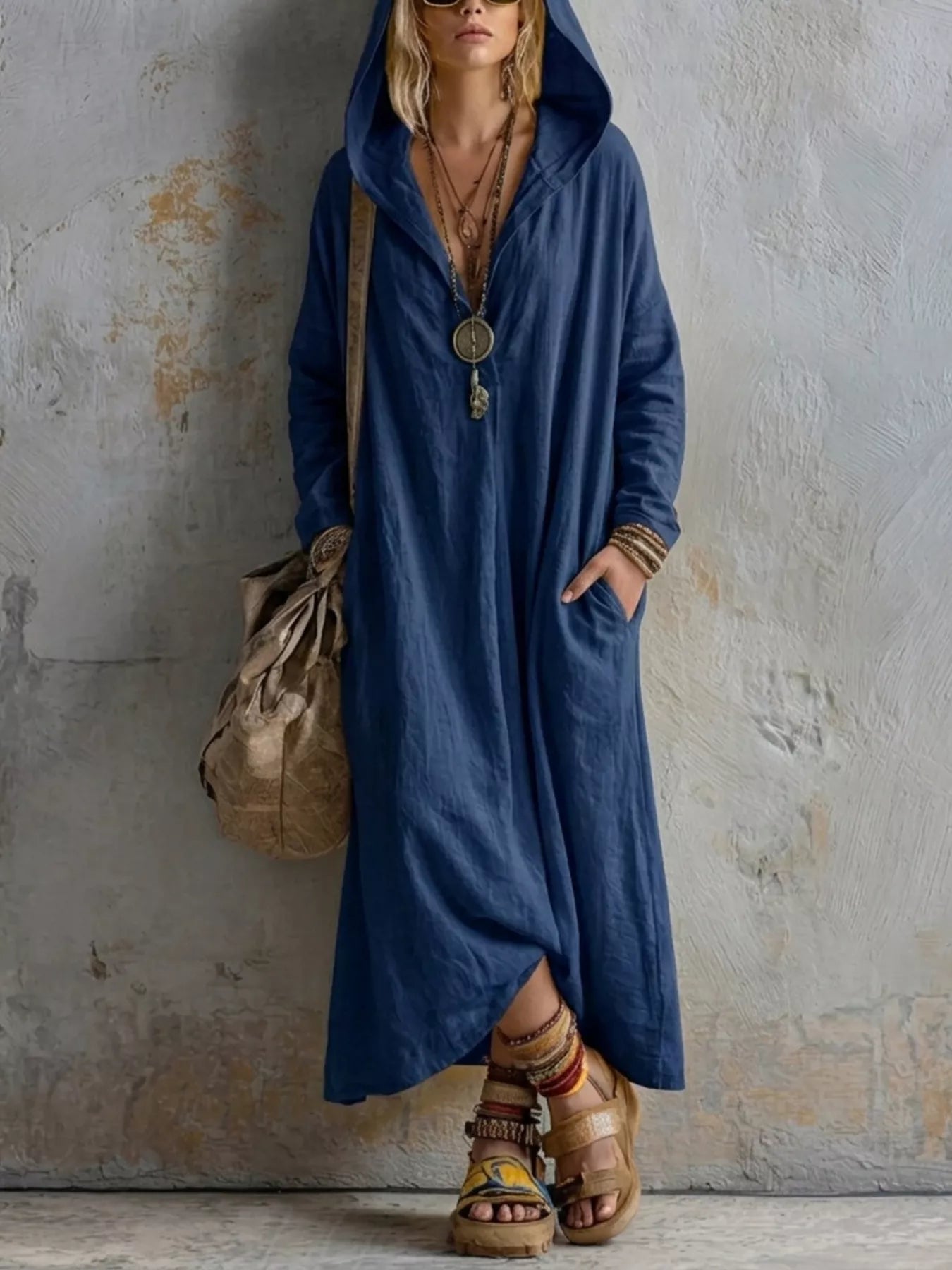 Trendsi Long Sleeve Hooded Midi Dress with Pockets -
