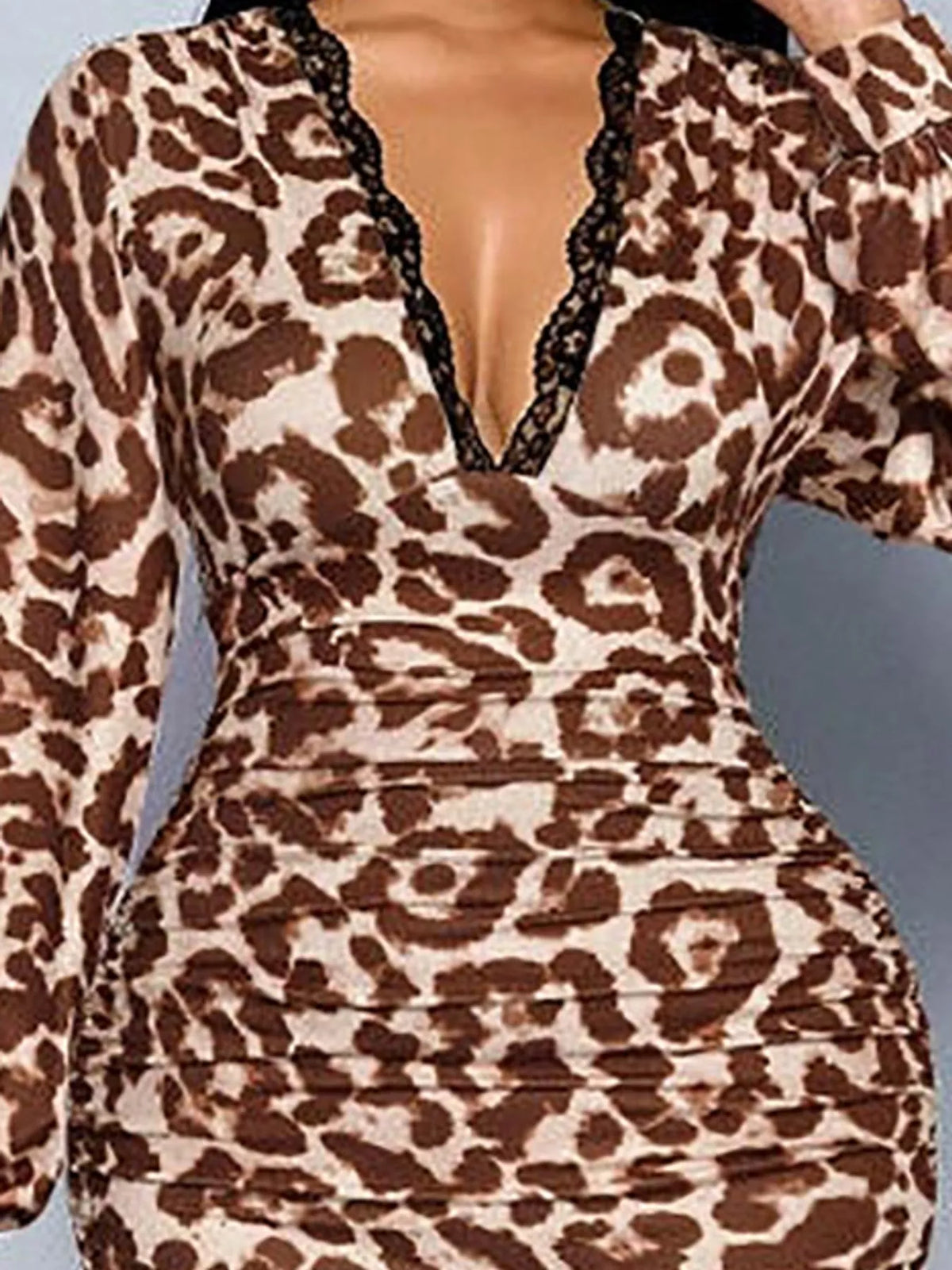 Women's Lace Detail V-Neck Bodycon Midi Dress in brown leopard — neckline detail view