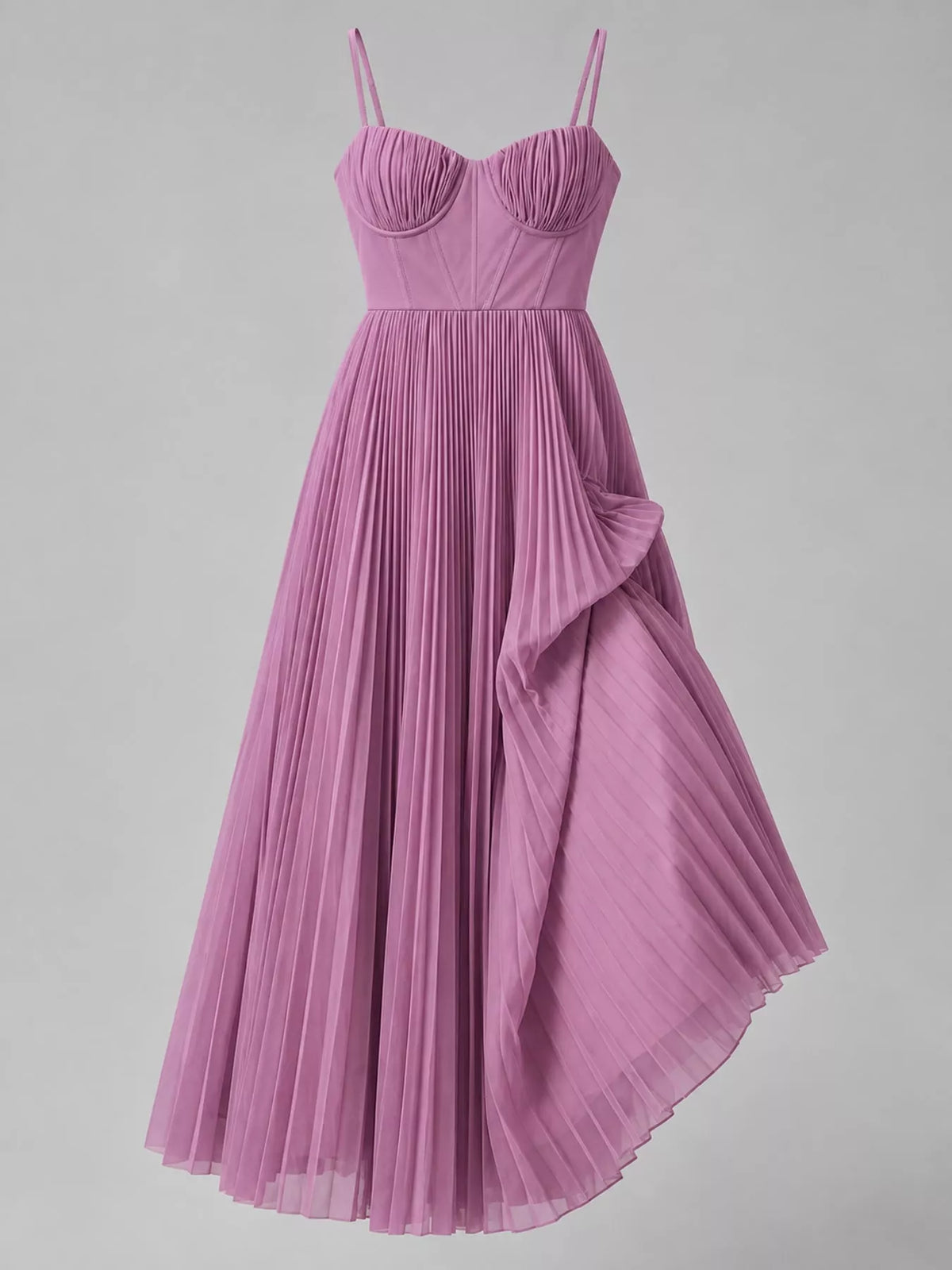 Purple pleated sweetheart neck midi dress — front view