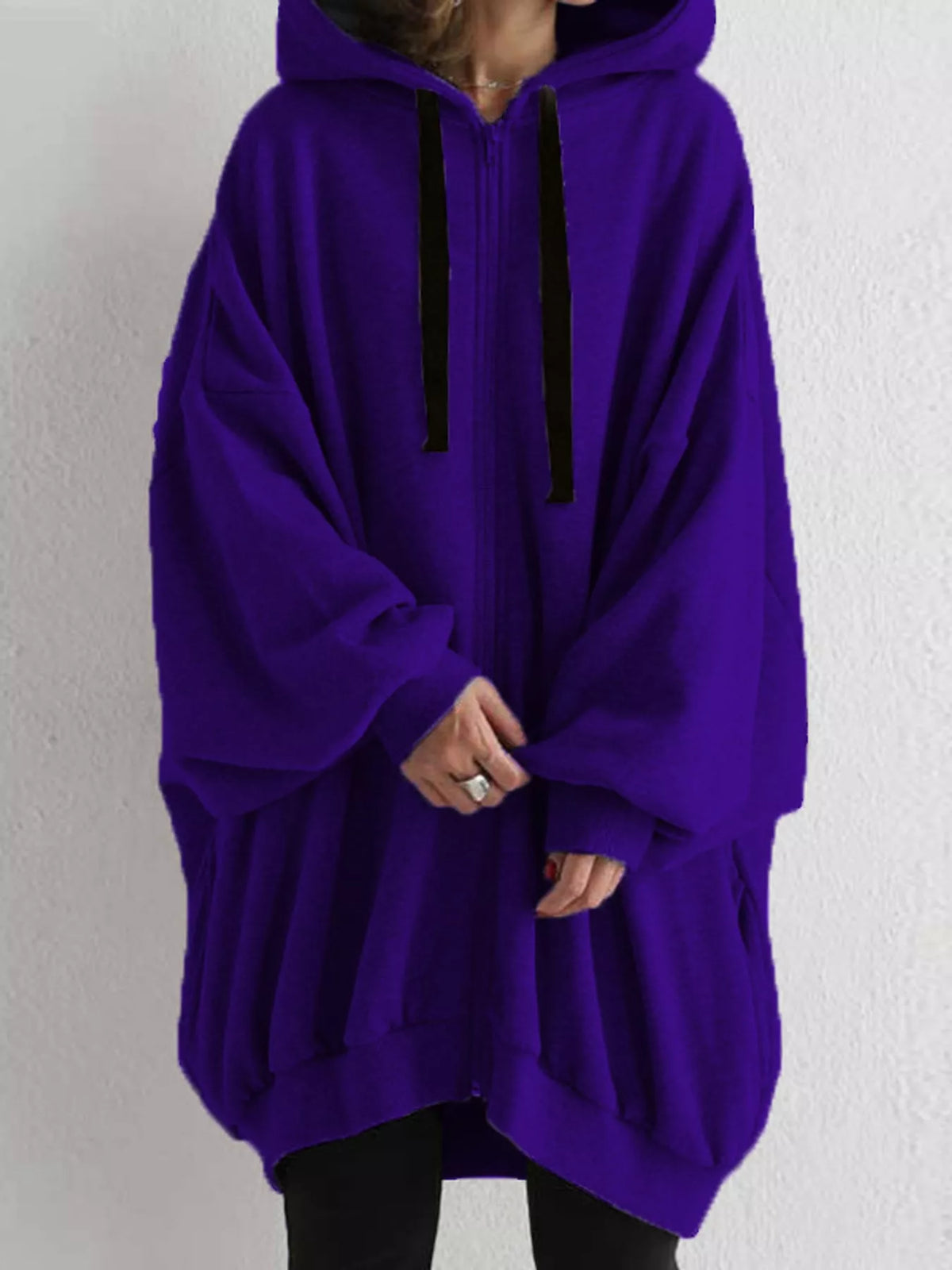 Purple drawstring zip-up oversized hoodie
