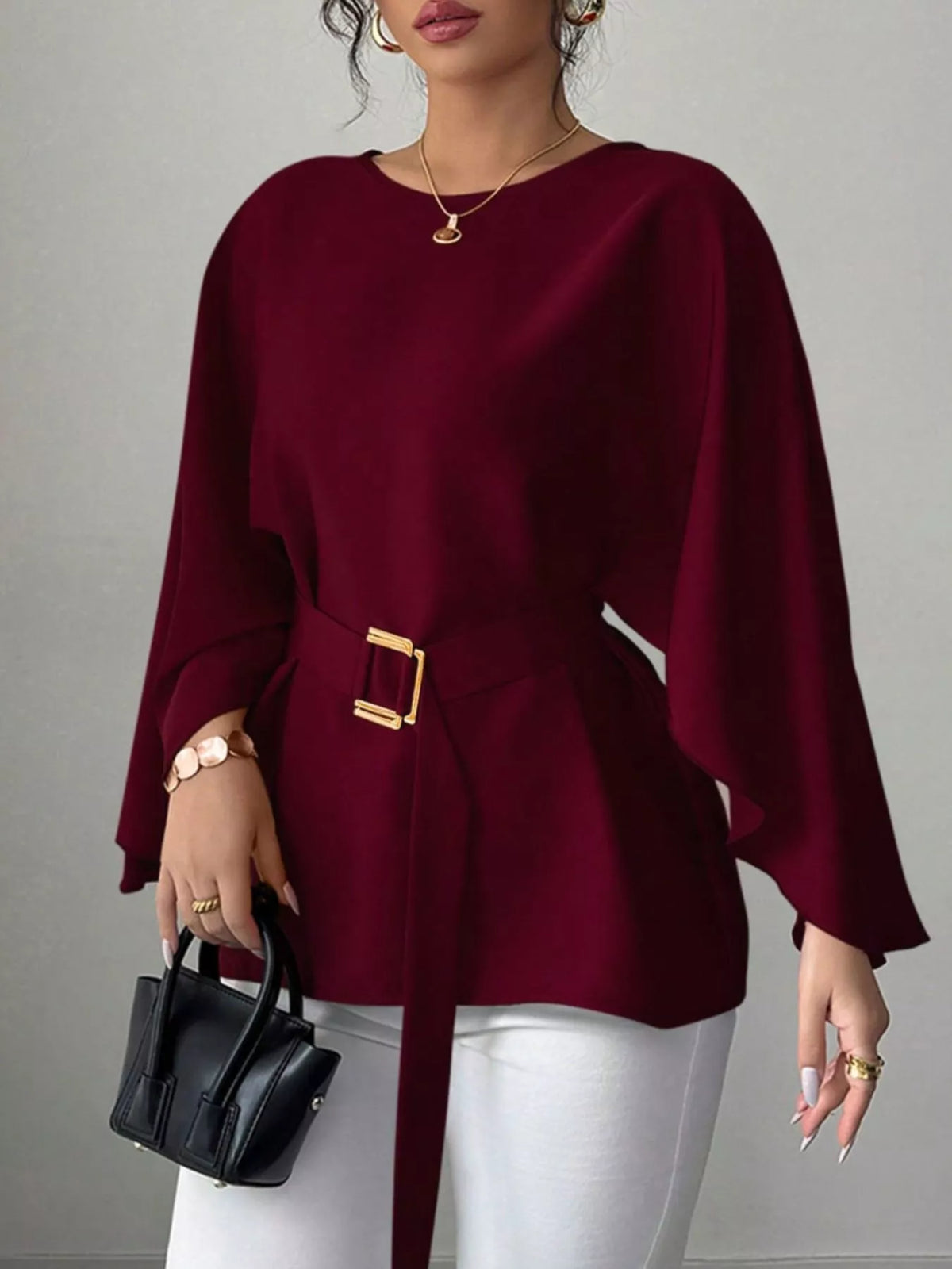 Round-neck belt batwing-sleeve blouse