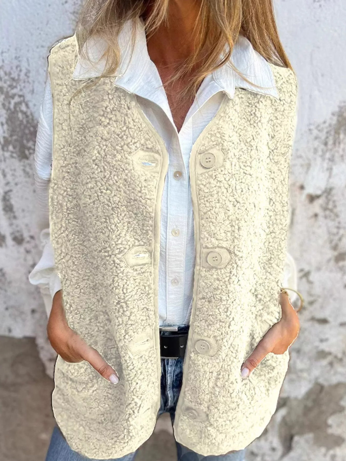 Women's Sherpa Button-Down Vest in cream — front view