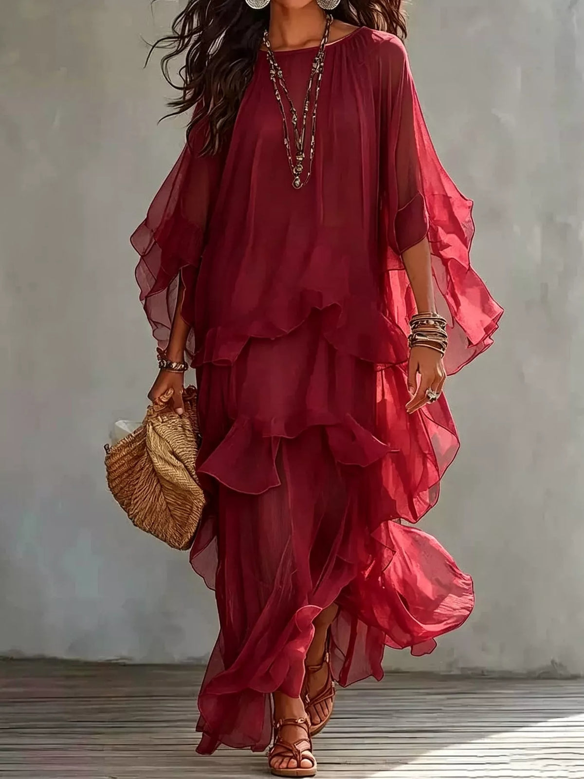 Burgundy ruffled layered bohemian maxi dress, front view
