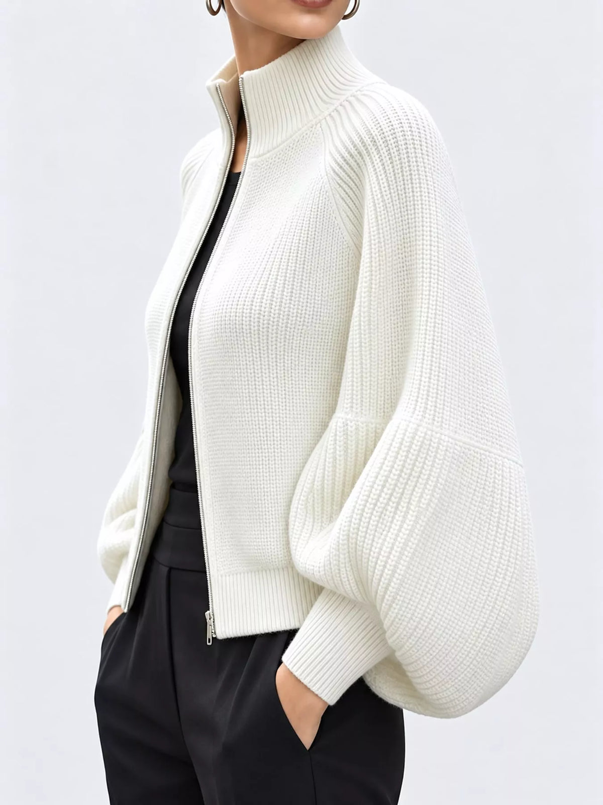 White ribbed knit zip-up lantern sleeve cardigan