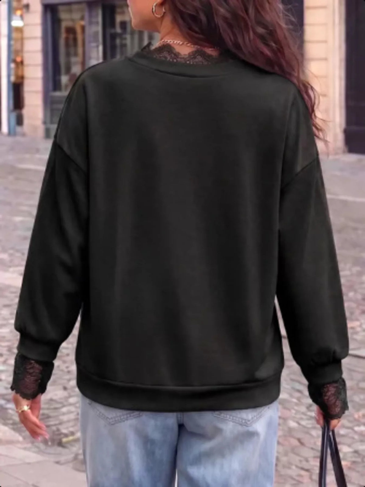 Lace Trim Split Sleeve Sweatshirt in black, back view