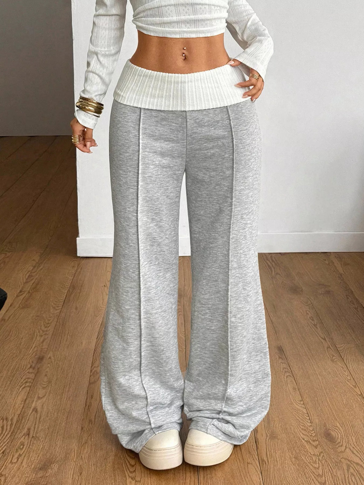 Ribbed-waistband wide-leg pants