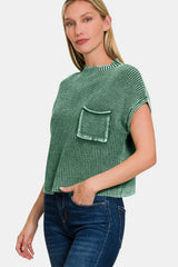 Trendsi Zenana Washed Mock Neck Short Sleeve Cropped Sweater -