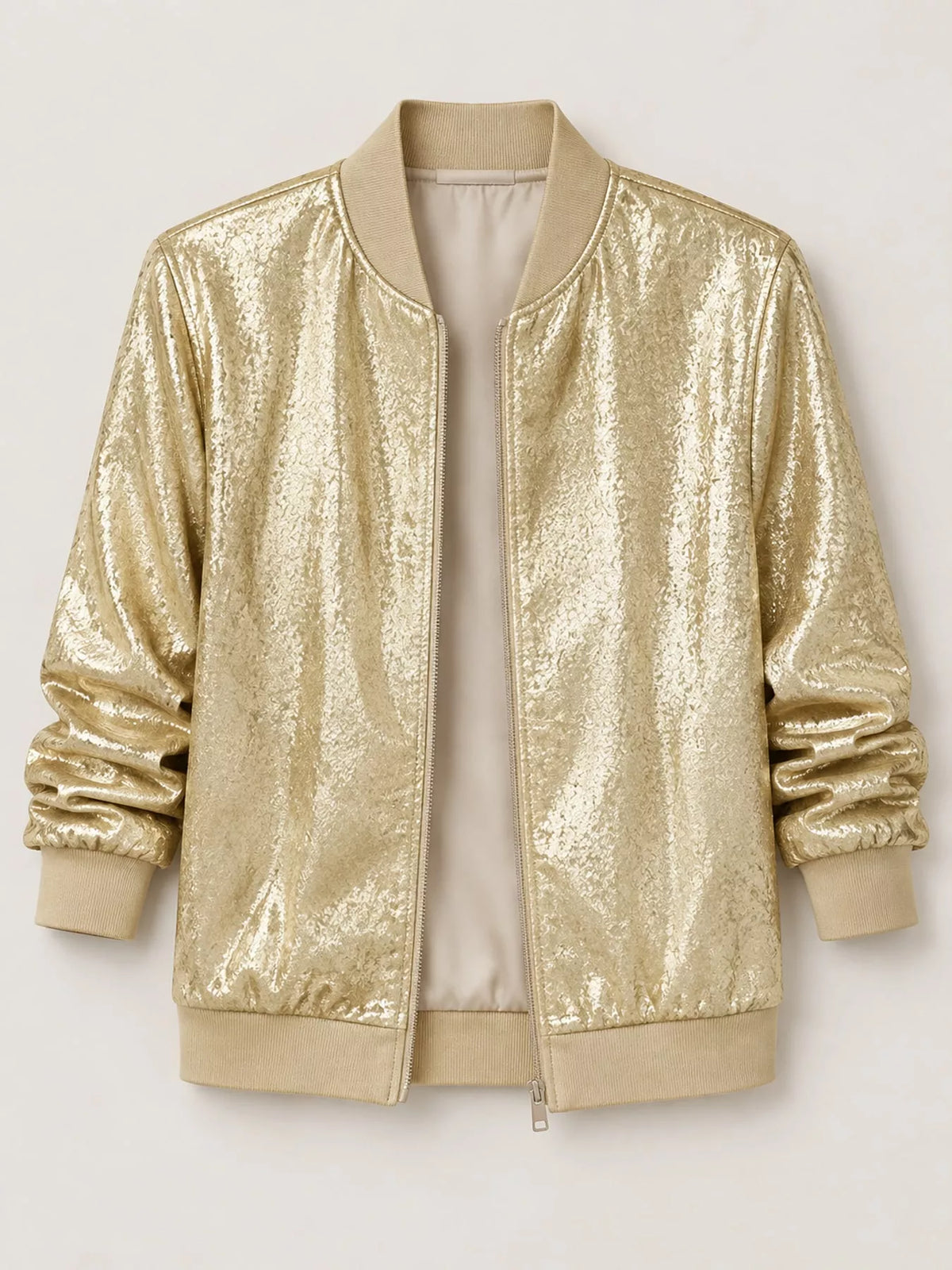 Zip-up bomber jacket, gold flat front