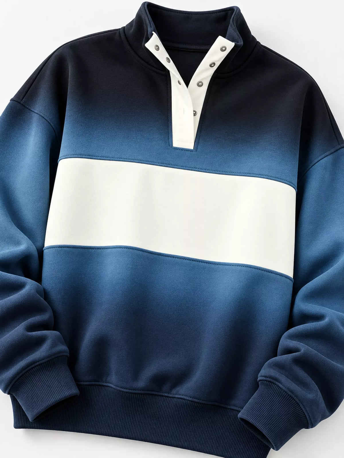Blue ombre and cream color block snap-button sweatshirt, snap neckline, contrast chest panel, cuffs, and hem