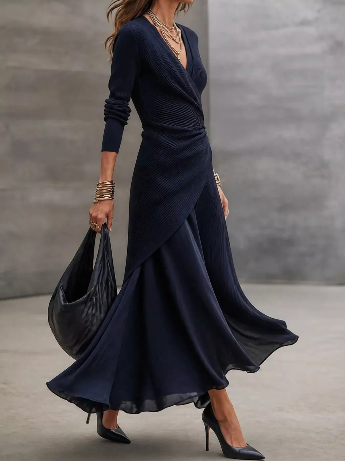Navy surplice long sleeve midi dress, side view