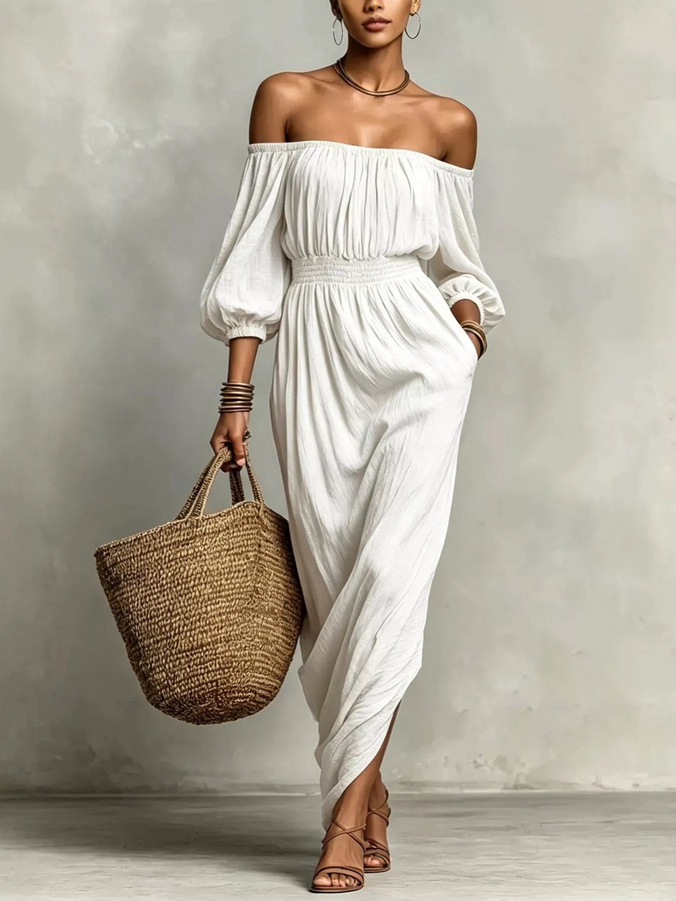 Trendsi t Off-Shoulder Smocked Waist Maxi Dress -