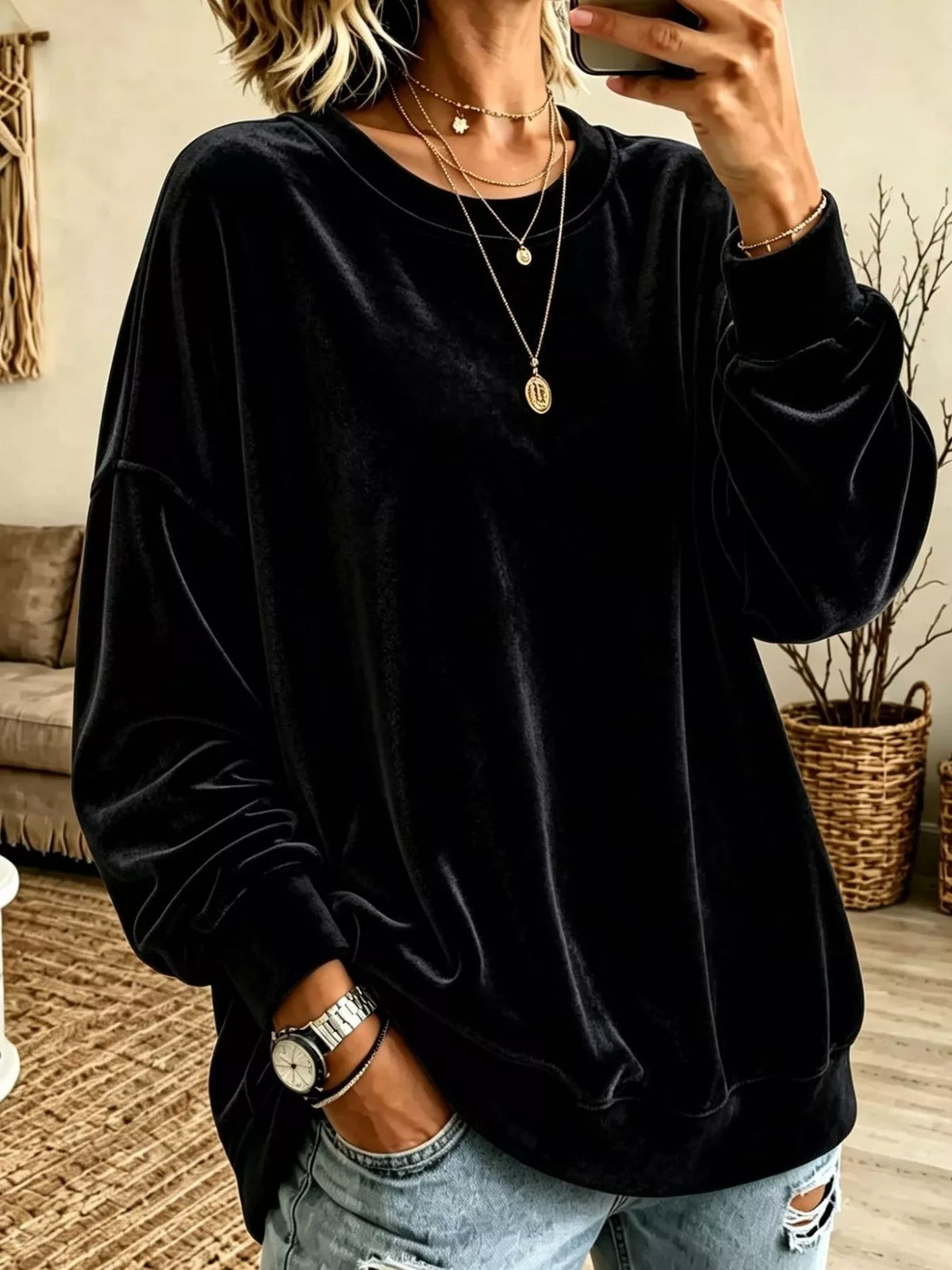 Women's Velvet Dropped Shoulder Crew Neck Sweatshirt in black — front view