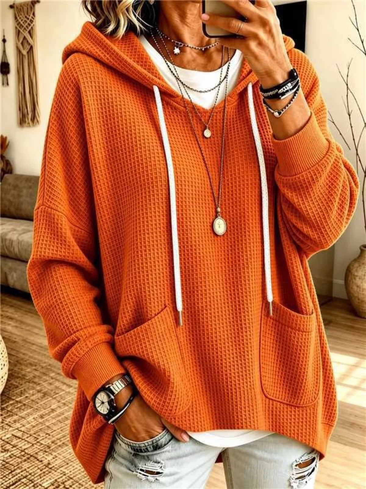 Trendsi Full Size Waffle Knit Hoodie with Pockets Plus Size -
