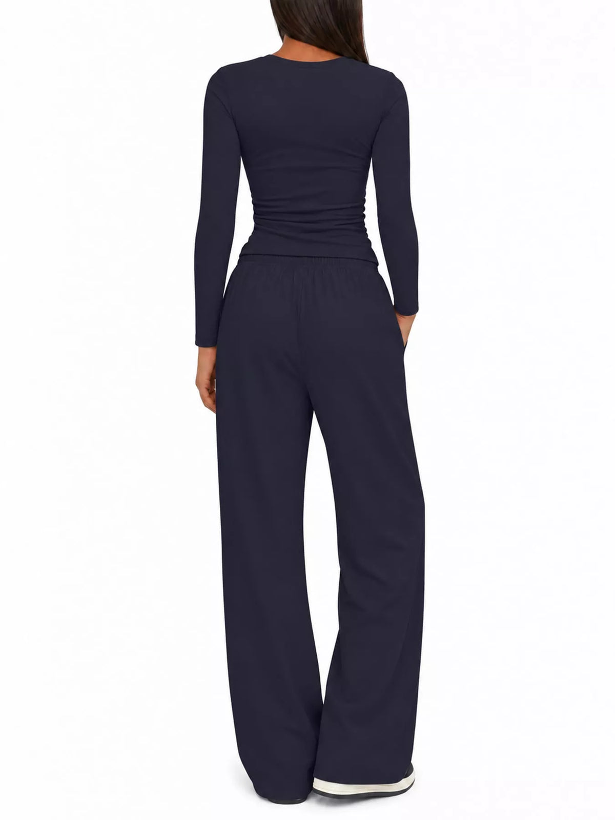 Long Sleeve Ruched Top and Wide-Leg Drawstring Pants Set — back view