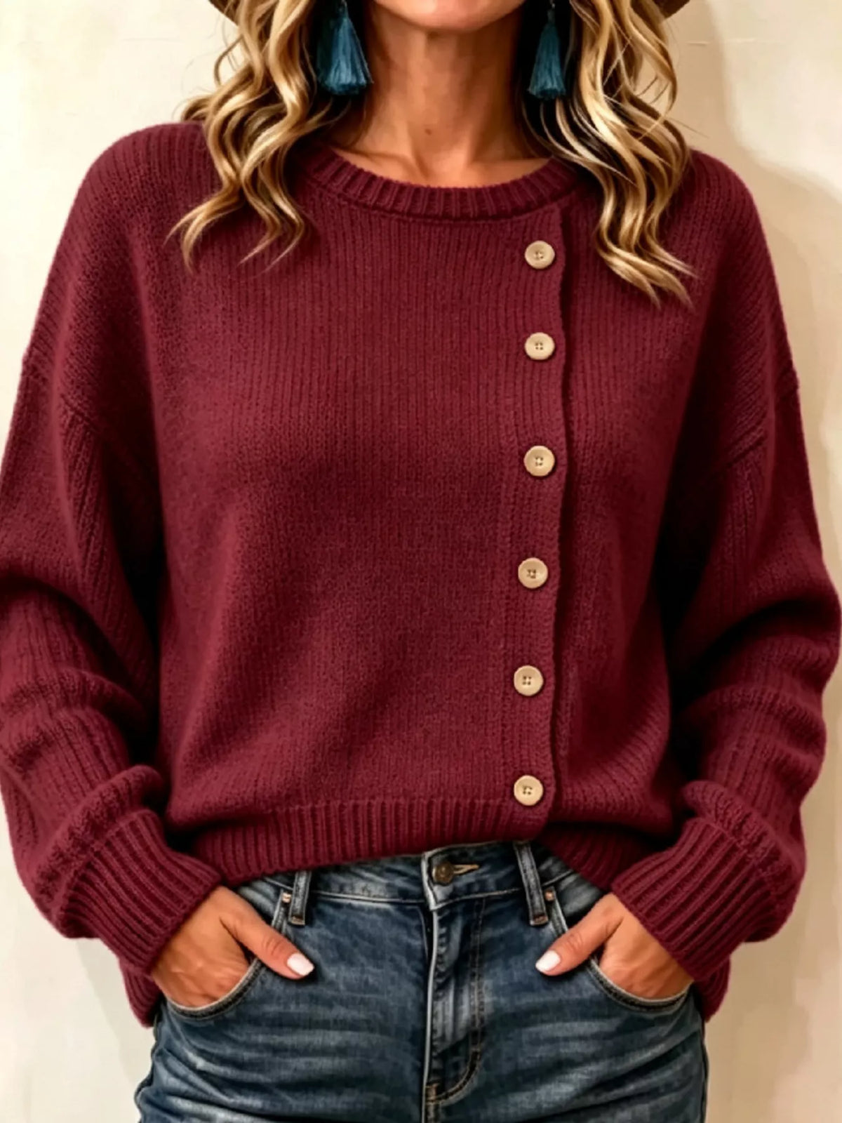 Decorative-button sweater, burgundy front