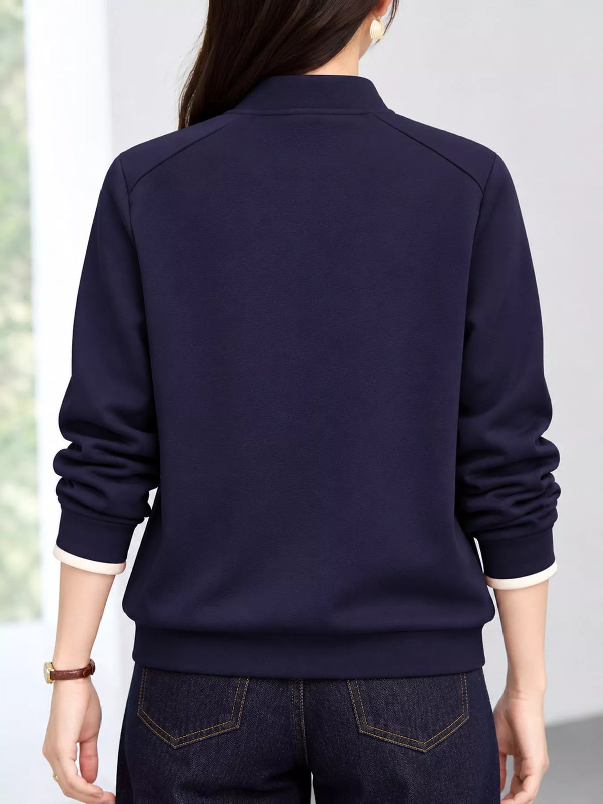Quarter-Zip Sweatshirt with Contrast Collar, back view in navy blue