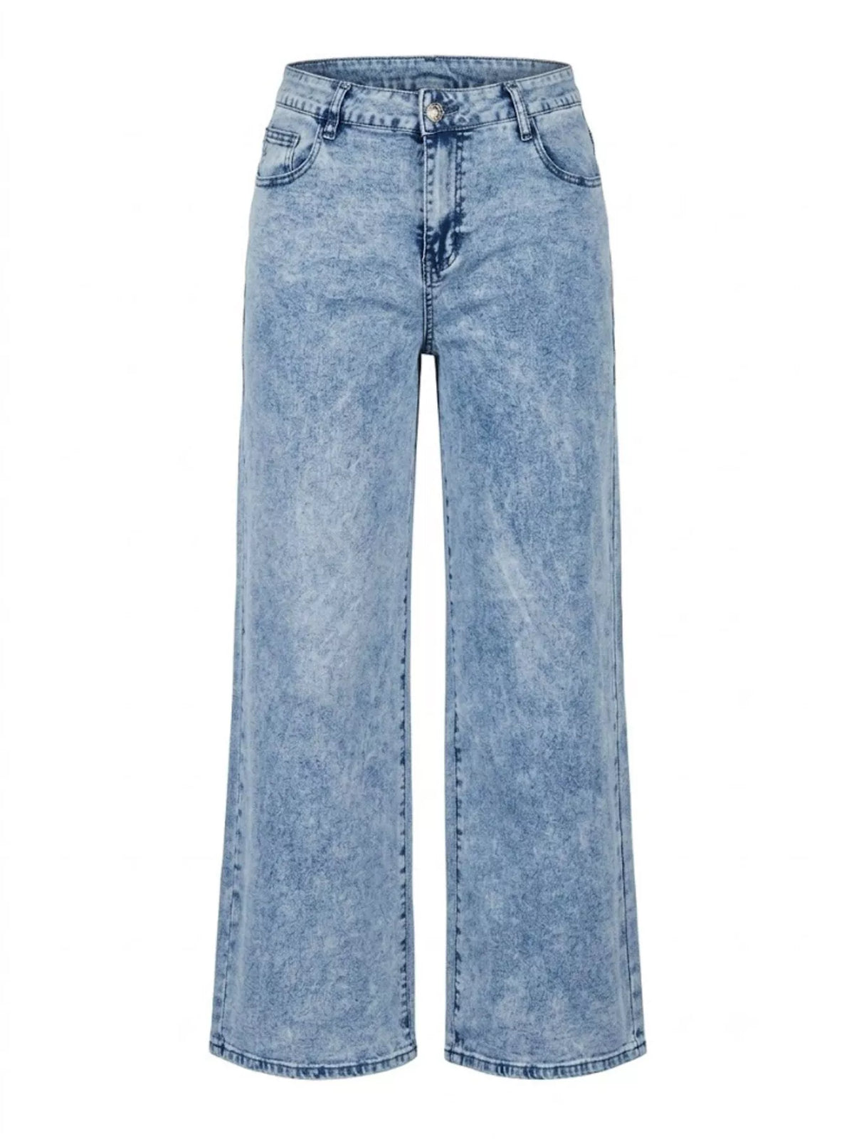 Blue bow-embroidered wide-leg jeans, laid-flat front view.