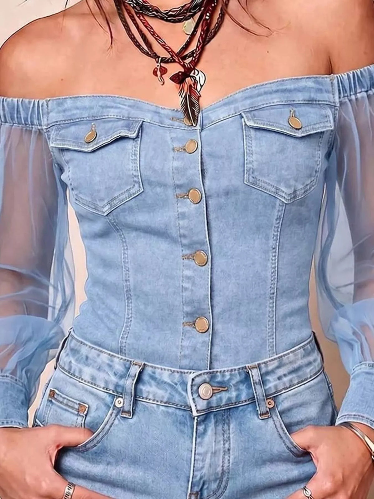 Light blue off-shoulder sheer sleeve denim top — design and construction details