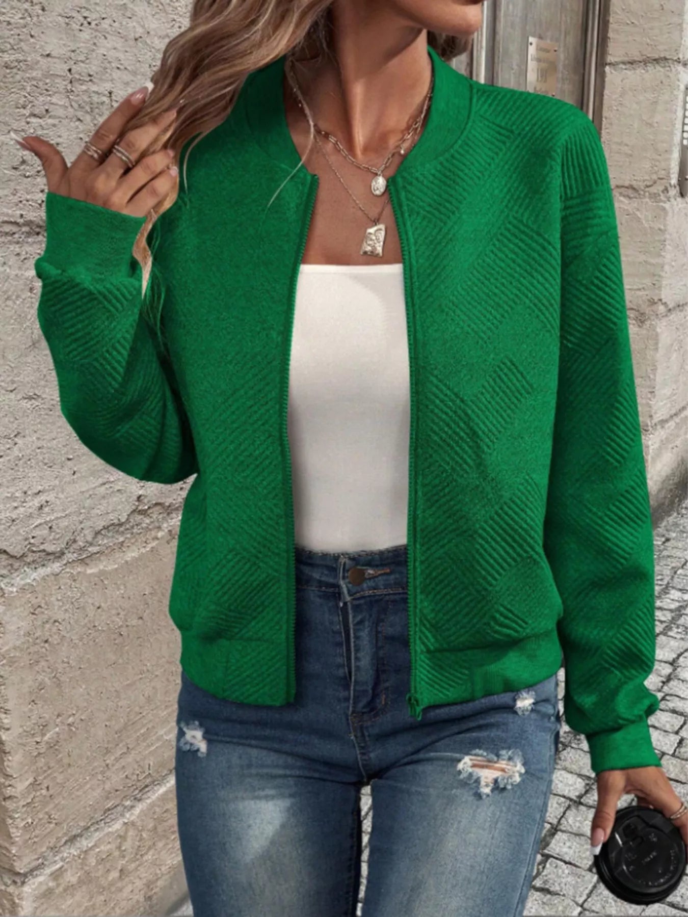 Trendsi Textured Knit Zip-Up Bomber Jacket -